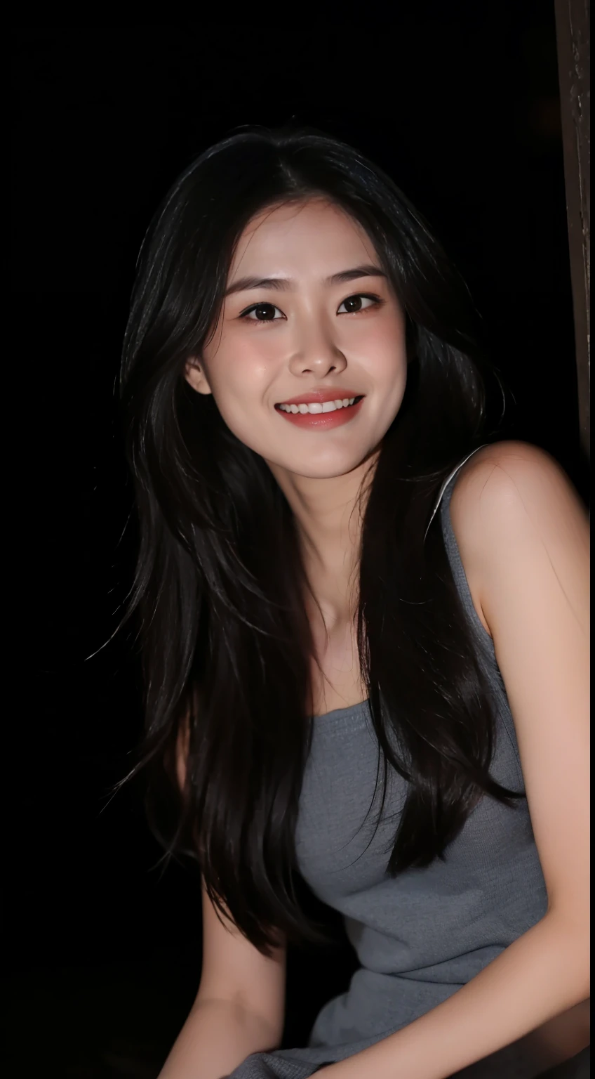 1 girl,Fake laugh,side,medium long hair,in the darkness,deep shadow