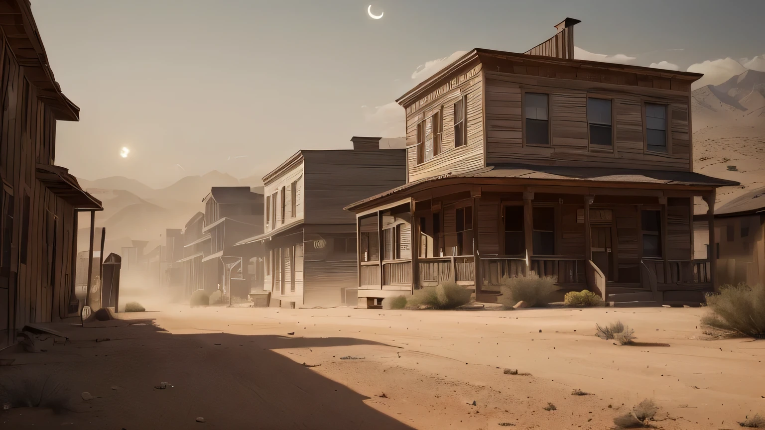 ((photo)), ((best quality)), ((masterpiece)), ((detailed)), ((cinematic shot), ((captured from eye level)), building exterior, an authentic, classic 1850's western movie style ghost town backdrop, dust storm background, tumble weeds scattered around, night, moon light