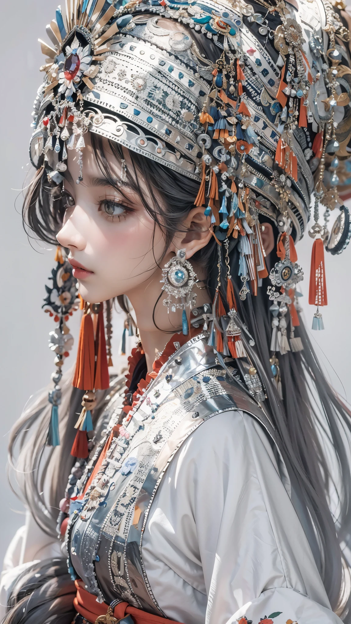 (good structure),high dynamic range,ultra high definition,8k,1 girl,Chinese Yi costumes,silver metal headpiece, brown eyes, earrings, have, jewelry,Yi ethnic metal jewelry,A huge metal have,Headwear metal tassels,Silver metal have, lace, lace trim, lips, long hair, looking at the audience, parted lips, alone, Upper body