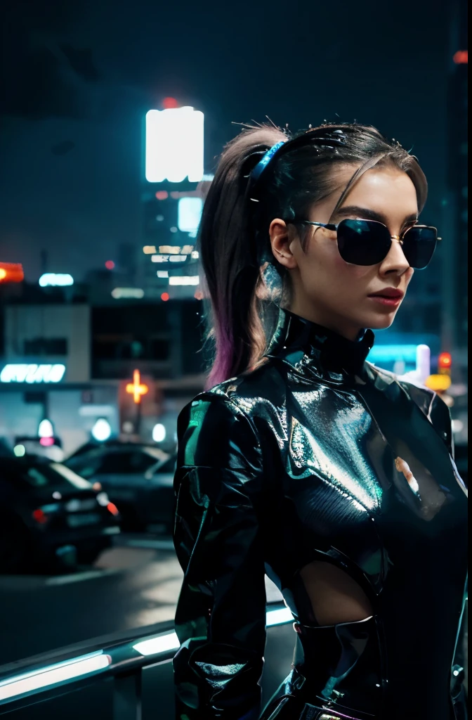 A sleek, futuristic city skyline with neon lights and hovering vehicles.
Style: Form-fitting jumpsuit with metallic accents and sleek lines, accessorized with futuristic sunglasses and holographic jewelry. Hair styled in a slicked-back ponytail with neon highlights.