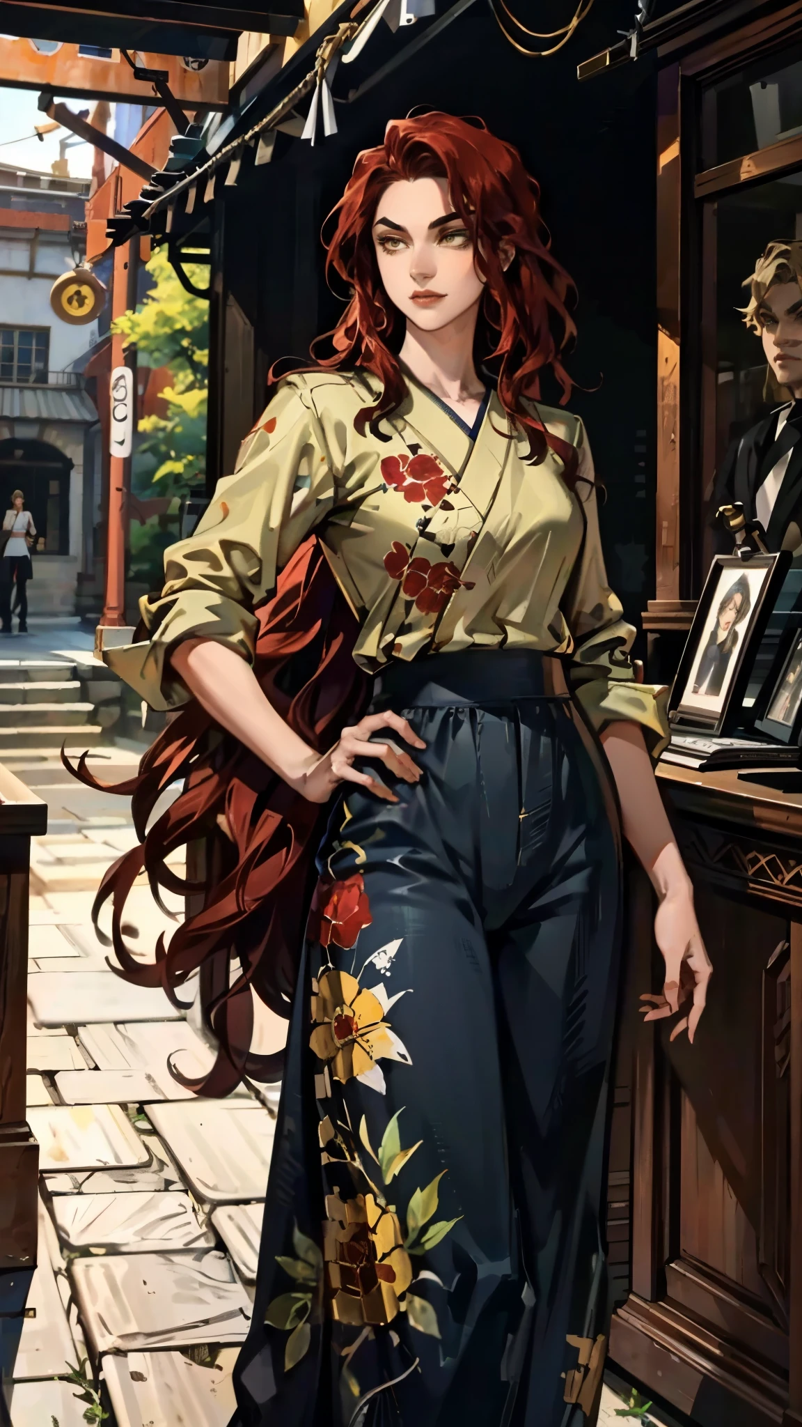 ((A teenager girl with long deep red wavy hair)), slender upturned eyebrows, sharp eyes, delicate features, ((a mix of Central Asian and European facial characteristics)), a hint of a smile at the corner of her mouth, exuding confidence, her figure is svelte, ((a fantasy-style long dress designed for both ease of movement and regal elegance, loose and comfortable trousers that match the outfit for ease of movement, red and white as the main color, complemented by yellow accents)), proudly standing with hands on hips, the scene is set in a majestic fantasy-style ancient city that melds Chinese and Japanese architectural influences, this character embodies a finely crafted fantasy martial arts-style female warrior in anime style, exquisite and mature manga art style, perfect nose, perfect mouth, perfect eyes, perfect hair, Perfect skin, textured skin, detailed skin, porcelain skin, high definition, best quality, highres, ultra-detailed, ultra-fine painting, extremely delicate, professional, anatomically correct, symmetrical face, extremely detailed eyes and face, high quality eyes, creativity, RAW photo, UHD, 32k, Natural light, cinematic lighting, masterpiece-anatomy-perfect, masterpiece:1.5