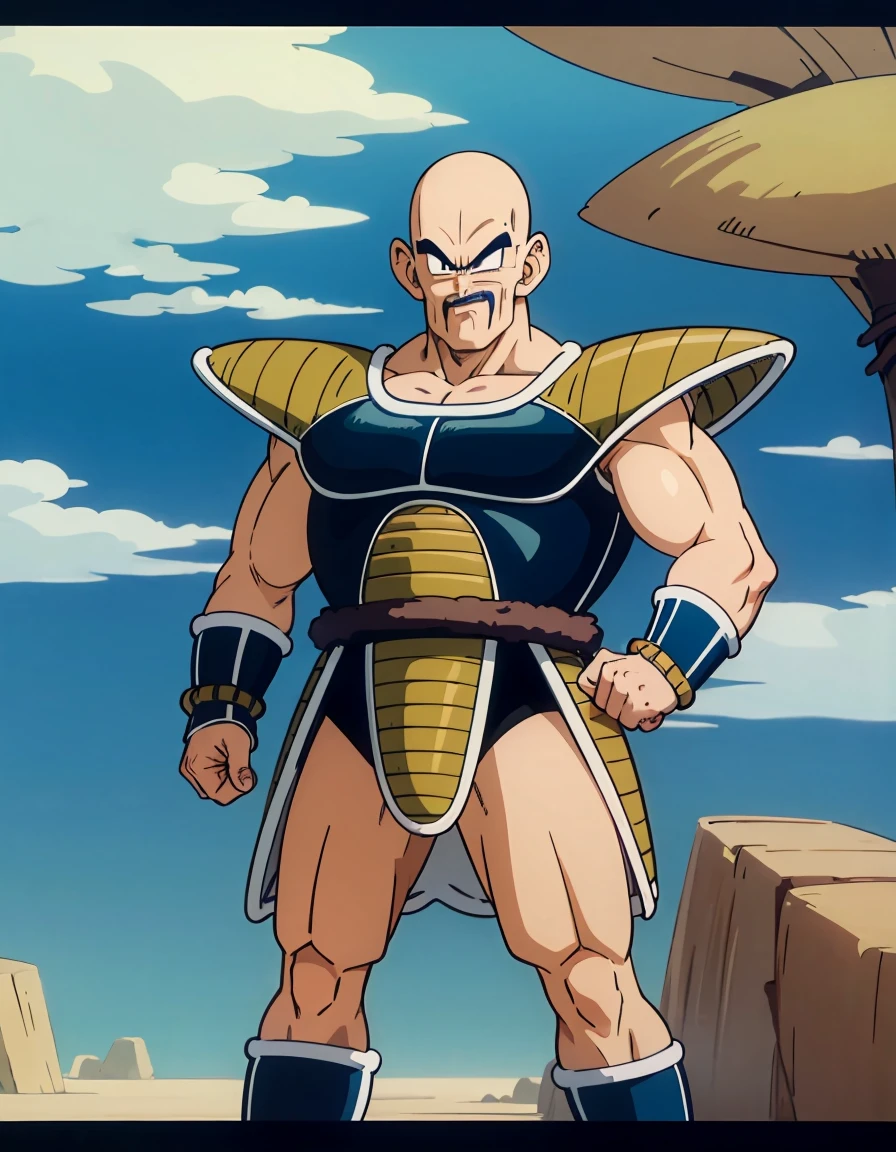 dragon ball anime illustration、Nappa、Nappaの太ももが強調されたイラスト、Cover picture、akira toriyama style、background is desert、ultra detailed, ultra high res, 8k, best quality, masterpiece,, napa, 1boy, bald, black eyes, mustache
dark blue saiyan armor, dark blue vambraces, dark blue boots, faulds, black briefs, tail around waist