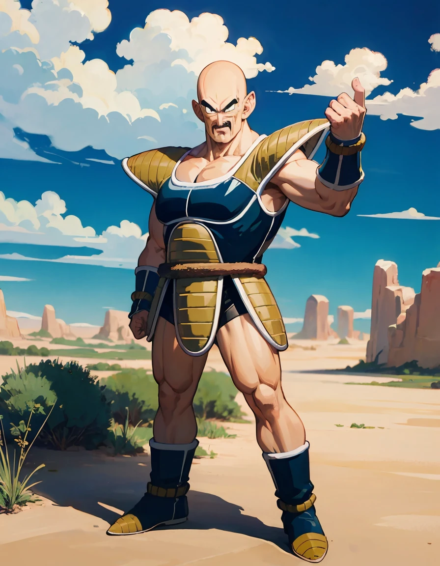 dragon ball anime illustration、Nappa、Nappaの太ももが強調されたイラスト、Cover picture、akira toriyama style、background is desert、ultra detailed, ultra high res, 8k, best quality, masterpiece,, napa, 1boy, bald, black eyes, mustache dark blue saiyan armor, dark blue vambraces, dark blue boots, faulds, black briefs, tail around waist