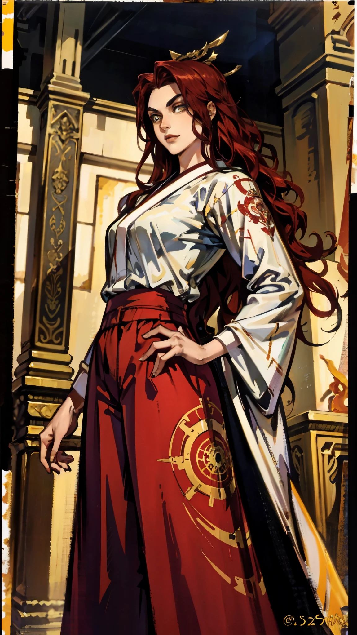 ((A  girl with long deep red wavy hair)), slender upturned eyebrows, sharp eyes, delicate features, ((a mix of Central Asian and European facial characteristics)), a hint of a smile at the corner of her mouth, exuding confidence, her figure is svelte, ((a fantasy-style long dress designed for both ease of movement and regal elegance, loose and comfortable trousers that match the outfit for ease of movement, red and white as the main color, complemented by yellow accents)), proudly standing with hands on hips, the scene is set in a majestic fantasy-style ancient city that melds Chinese and Japanese architectural influences, this character embodies a finely crafted fantasy martial arts-style female warrior in anime style, exquisite and mature manga art style, perfect nose, perfect mouth, perfect eyes, perfect hair, Perfect skin, textured skin, detailed skin, porcelain skin, high definition, best quality, highres, ultra-detailed, ultra-fine painting, extremely delicate, professional, anatomically correct, symmetrical face, extremely detailed eyes and face, high quality eyes, creativity, RAW photo, UHD, 32k, Natural light, cinematic lighting, masterpiece-anatomy-perfect, masterpiece:1.5