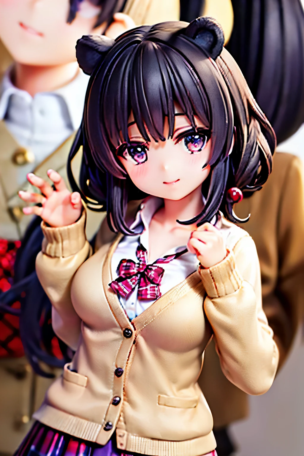 ((worst quality, low quality)), muste piece,best quality,Super detailed,masterpiece, (Castle:1.3), (テーマパークのCastleの背景:1.2), ((Close-up)), ((face focus)), ((Kemonomimi girl with black bear ears:1.2)), solo, ((Black hair berry berry short:1.3)), plump and glossy lips, (Beautiful purple eyes:1.3), spoken word heart, (best smile), spoken word heart, (Cute Pose:1.2), (school uniform:1.2), (Beige cardigan fits the body:1.4), ((long sleeves, sleeves past the wrist):1.2), (White collar shirt underneath:1.3), ((raise button, Not loose):1.5),(red plaid pleated skirt:1.3), ((Dark Brown Pantyhose Afers):1.2), best quality, masterpiece, 32k,