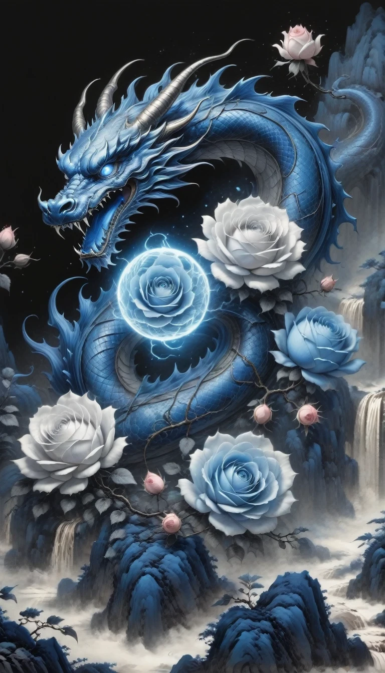 (best quality,4k,high resolution:1.2),Super detailed,actual,black and white,traditional media,pencil drawing:1.2,Chaotic lines,[[[artist moussa]]],on dark background,Blue electric charges forming stylized silhouettes of dragon beads and framed roses,bioluminescence