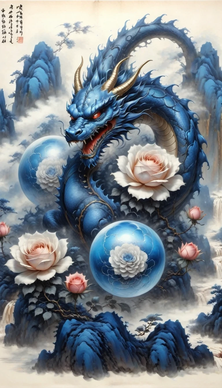 (best quality,4k,high resolution:1.2),Super detailed,actual,black and white,traditional media,pencil drawing:1.2,Chaotic lines,[[[artist moussa]]],on dark background,Blue electric charges forming stylized silhouettes of dragon beads and framed roses,bioluminescence