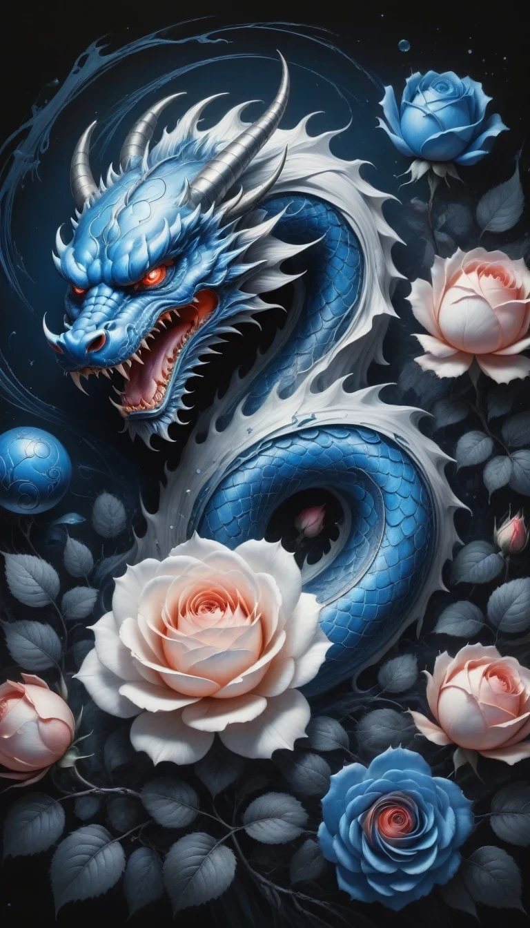 (best quality,4k,high resolution:1.2),Super detailed,actual,black and white,traditional media,pencil drawing:1.2,Chaotic lines,[[[artist moussa]]],on dark background,Blue electric charges forming stylized silhouettes of dragon beads and framed roses,bioluminescence