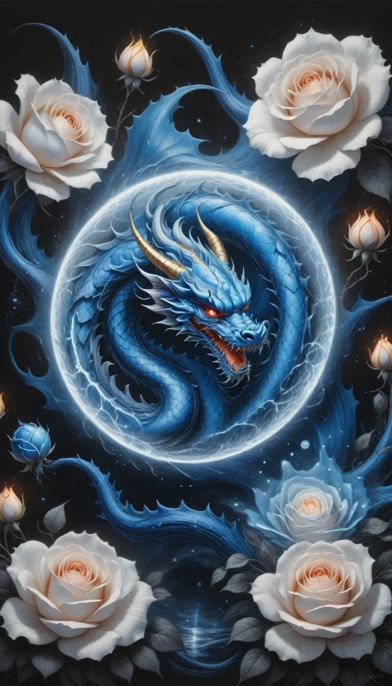 (Highest quality,4K,High resolution:1.2),Super detailed,Realistic,Black and White,Traditional Media,Pencil sketch:1.2,Chaotic Lines,[[[Artist Musa]]],On a dark background,The blue charge forms a stylized outline of a dragon ball and a rose in a picture frame.,Bioluminescence