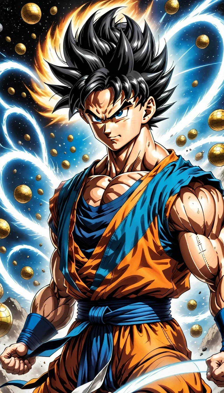 (best quality,4k,8k,high resolution,masterpiece:1.2),Super detailed,(actual,photoactual,photo-actual:1.37),illustration,dragon ball,figure,Wukong,vegnette,robust,Saiyan,fighting,energy beam,Action packed,史诗般的fighting,martial arts,Explosive force level,flight,gas explosion,Transformation,Characteristic hairstyle,muscular,otherworldly existence,fantasy,venture,superhuman strength,Supernatural abilities,angry,Axia,Namexians,robot,fighting championship,galactic conquest,cosmic threat,evil villain,The ultimate warrior,Orbital energy attack,dynamic poses,rich and colorful,shining,eye-catching,high-energy,Explosive effect,Orin Temple,dragon balls,deformation,interesting,good and evil,Teamwork,loyalty,destiny,immortal,lasting legacy,A symbol of power,The spirit of never giving up,Heroes who save the earth,larger than life,Legend,Engaging narrative,Fast-paced,Rapid heartbeat,universe-altering ventures,Dream of becoming the strongest warrior.