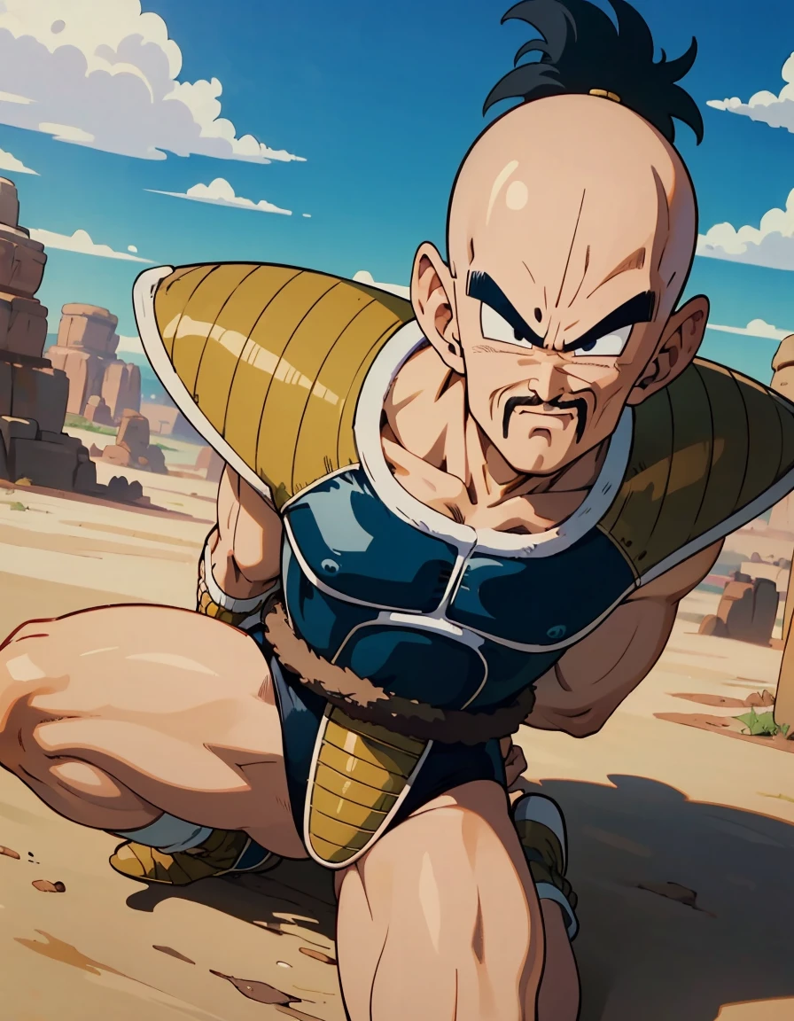 dragon ball anime illustration、Nappa、Nappaの太ももが強調されたイラスト、Cover picture、akira toriyama style、background is desert、ultra detailed, ultra high res, 8k, best quality, masterpiece,, napa, 1boy, bald, black eyes, mustache dark blue saiyan armor, dark blue vambraces, dark blue boots, faulds, black briefs, tail around waist