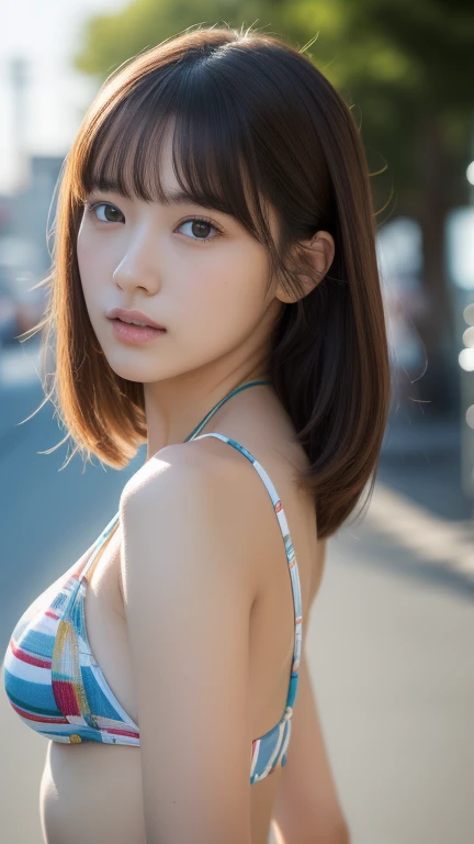  (((masterpiece))), highest quality, very detailed, detailed background, very beautiful girl, Japanese, ,  detailed face, bangs, (whole body:1.3), (random hairstyle :1.2), (young face), (perfect body:1.1), blouse, summer, In 8K, wallpaper, wonderful, finely, Super detailed, ultra high resolution, very detailed, pure erotic face, very detailed目と顔, beautiful and detailed eyes, very detailed肌, no makeup, (natural skin), random bikini、along the coast、slightly saggy breasts、look forward、stare at the camera、