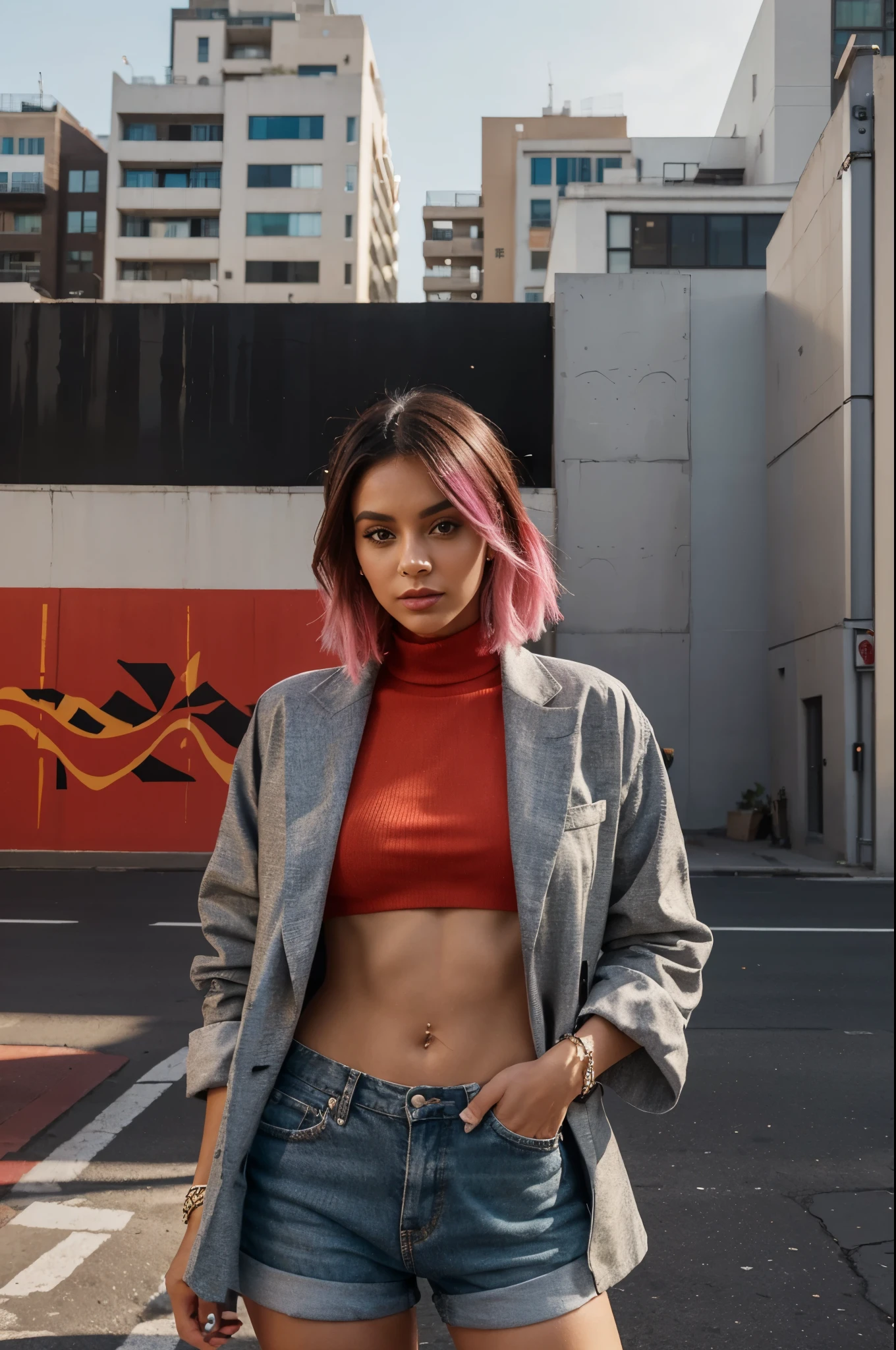 "Place the influencer in a trendy urban setting with vibrant street art or stylish architecture as the backdrop. Experiment with incorporating elements of the cityscape to add an edgy yet sophisticated vibe to the image."