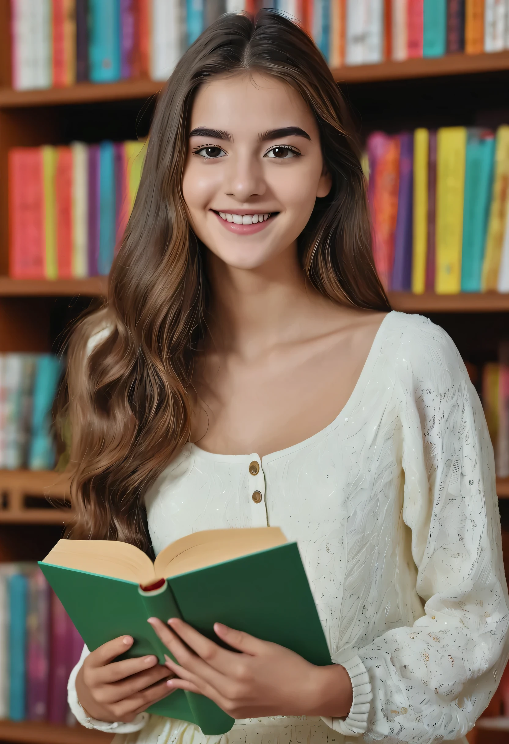 01 linda de 18 anos sorrindo,lendo um livro ao iniciar do dia, Standing, em uma sala de leitura, riqueza de detalhes e cores vividas, high resolution image, melhor qualidade, 8K, Ultra HD