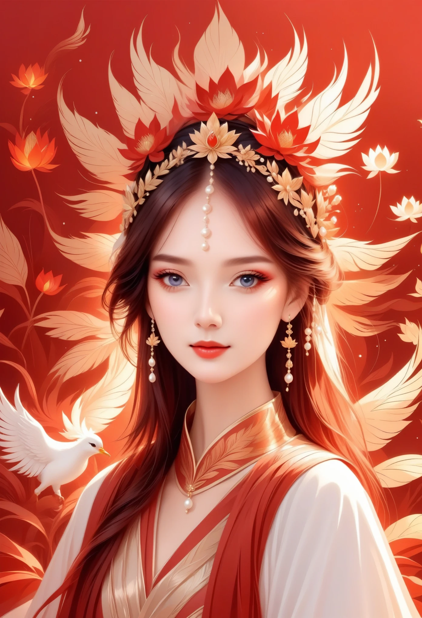 flat,Vector,meticulous painting,simple lines,beautiful girl,portrait,phoenix crown,fringed tiara,Pearl crown,red, Lotus leaf background