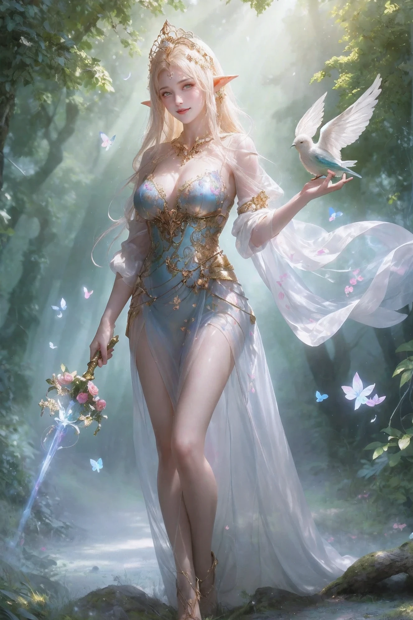 Girl with pointy ears, flowing hair, and a crown, Holding a magical staff, Standing in the middle of the enchanted forest. She wore a flowing robe of elven silk,decorated with intricate floral patterns. The forest is full of towering ancient trees, Shimmering with an ethereal light. sunlight filtering through the canopy, Casting mottled shadows on the mossy ground. Butterflies and birds dance around her, Create a sense of harmony and tranquility. The air is filled with the scent of wildflowers and the gentle whisper of the wind. Girl stares into the distance,Eyes sparkling with wisdom and magic, As if she holds the secrets of the universe. The scene is bathed in warm and vibrant colors, Reminiscent of a painting by a master artist. The atmosphere is serene and mystical, Evoking feelings of awe and wonder. The light is very soft, Soft sunlight pours down through the trees, Create a magical atmosphere. This image depicts the high resolution, Super detailed masterpiece, Capture every intricate detail of a girl, Her surroundings, and enchanting forests.