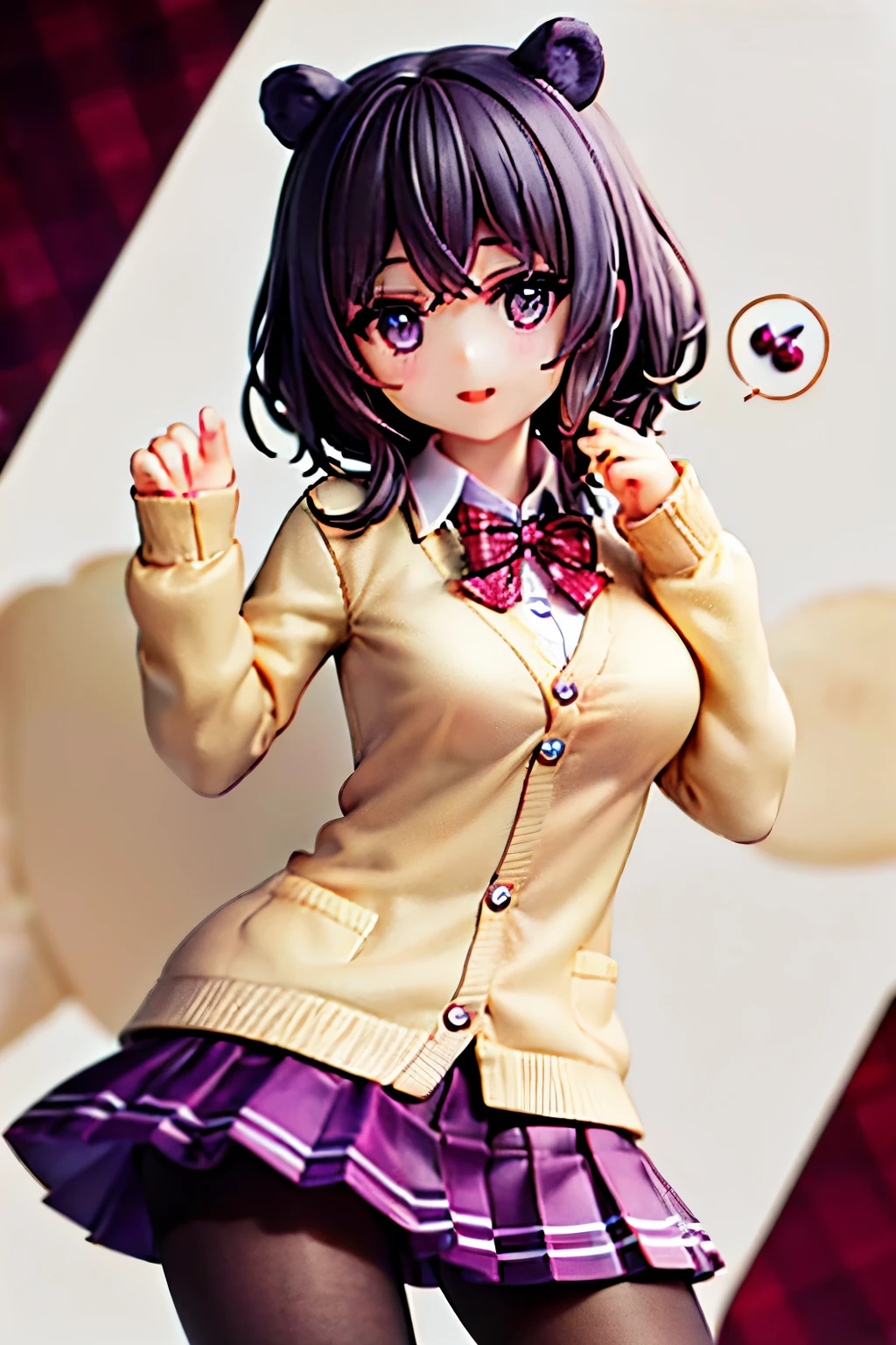 ((worst quality, low quality)), muste piece,best quality,Super detailed,masterpiece, ((No background)), ((whole body)), ((Kemonomimi girl with black bear ears:1.2)), solo, ((Black hair berry berry short:1.3)), plump and glossy lips, (Beautiful purple eyes:1.3), spoken word heart, (best smile), spoken word heart, (Cute Pose:1.2), (school uniform:1.2), (Beige cardigan fits the body:1.4), ((long sleeves, sleeves past the wrist):1.2), (White collar shirt underneath:1.3), ((raise button, Not loose):1.5),(red plaid pleated skirt:1.3), ((Dark Brown Pantyhose Afers):1.2), best quality, masterpiece,