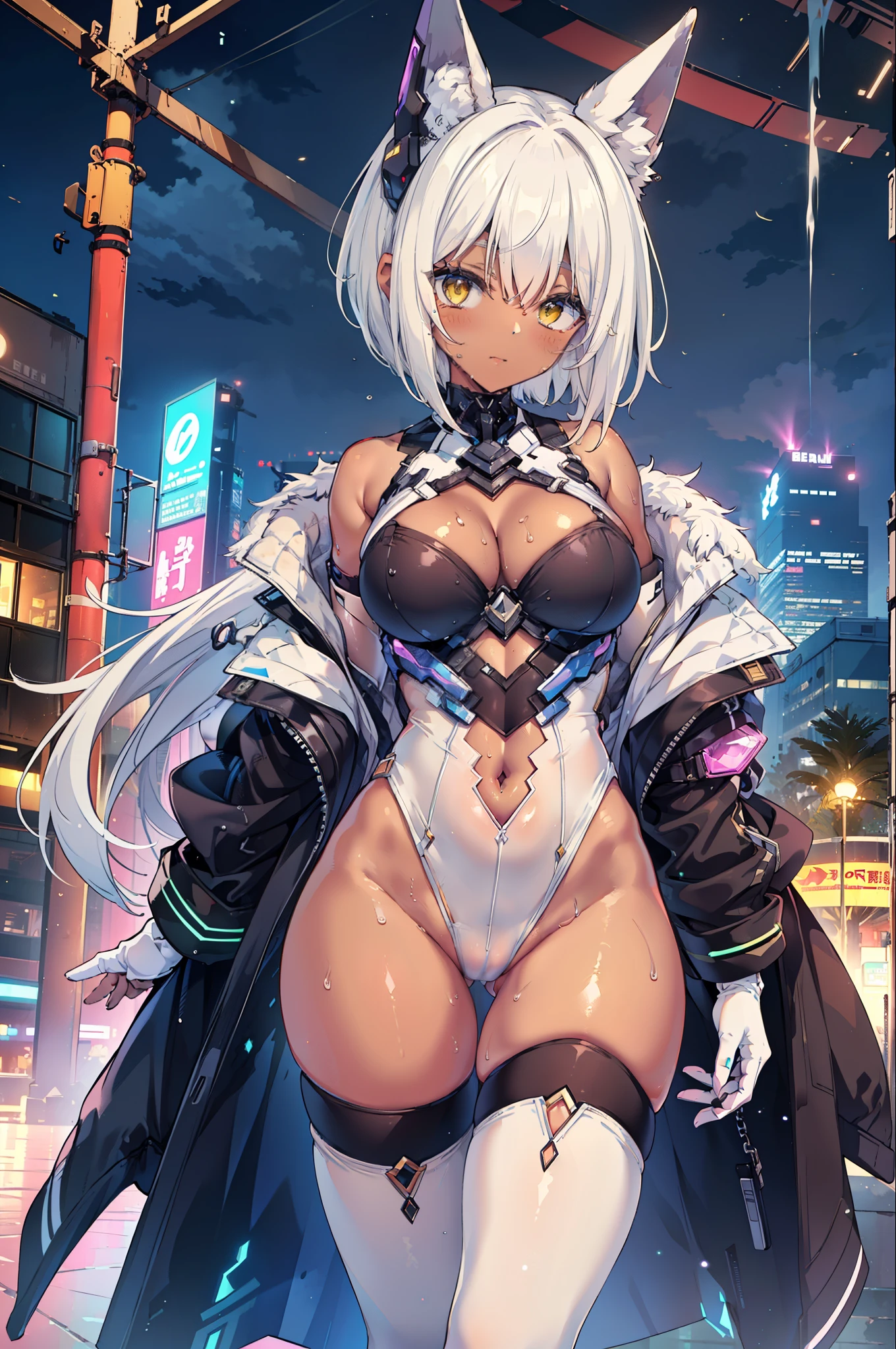 (masterpiece), best quality, 1 girl, solo,hot girl, (mature female), expressive eyes, perfect face,cyber outfit,a hot girl on the wet ground street, hand in own hair, ((white:1.4) open-chest high-leg leotard:1.4),Sharp eyeliner,eye shadows,Detailed eyes:1.3),(white hair),(bobcut hair:1.3),(yellow_eyes:1.3),(dark skin:1.7),((very Slim waist)),huge breasts, cleavage, navel, thick thighs, cameltoe,wet hair,wet skin,wet clothing,see through,(((white_thighboots,white_elbow_gloves))), headgear, futuristic elements, cyberpunk,glowing neon, pink light, cyberpunk, cyber city, midnight, huge buildings, rainly, perspective, vivid pink sky,medium full shot,from_below,dark skin,highres, off-shoulder,shiny skin