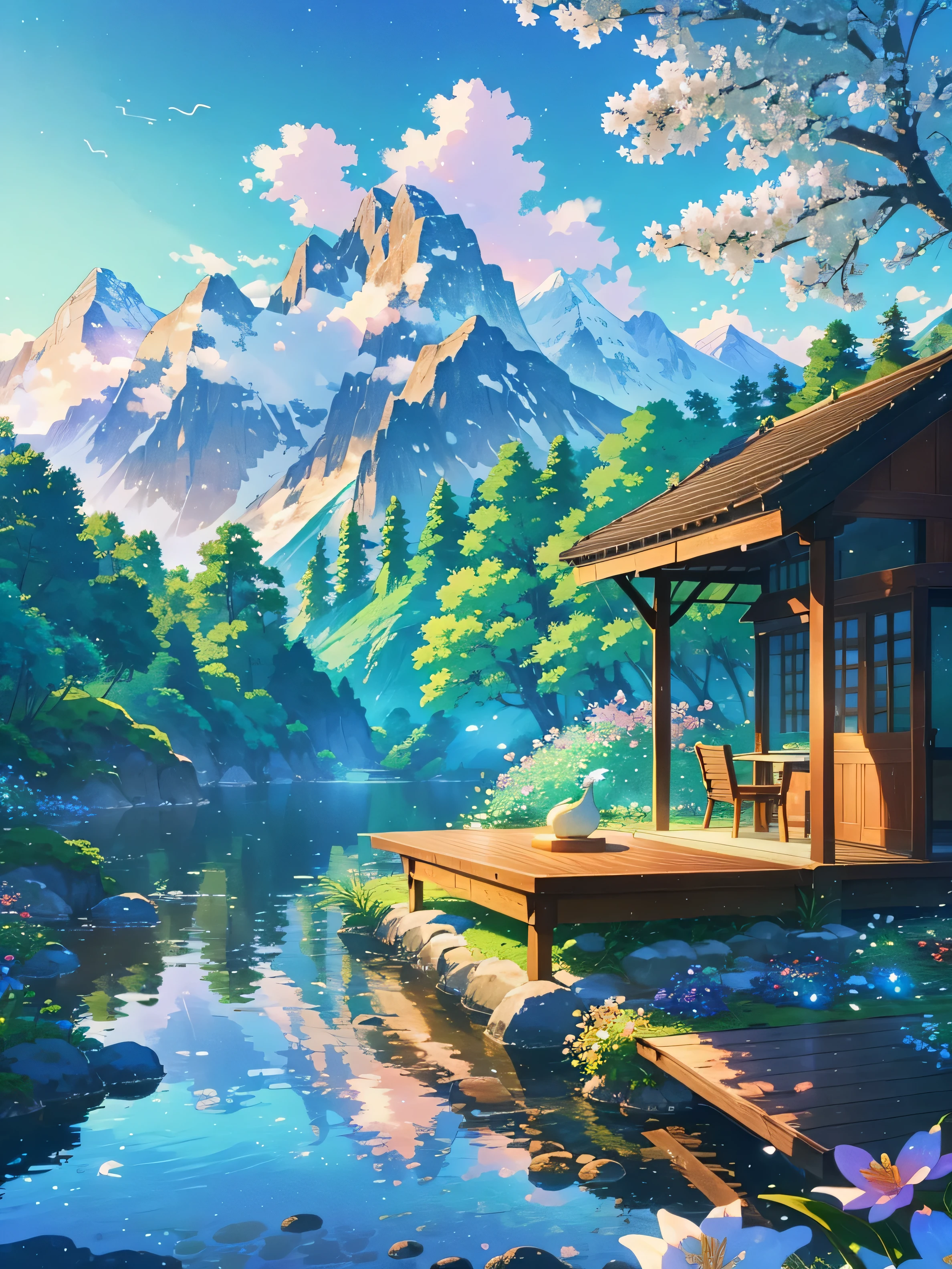 Amidst the serene landscape where mountains gracefully meet the waters, listening to the melodic birdsong and inhaling the alluring scent of blooming flowers, one can find a sense of tranquility and harmony. --s2 (picturesque scene, peaceful, refreshing, nature, flowers blooming, birds singing, soothing atmosphere)