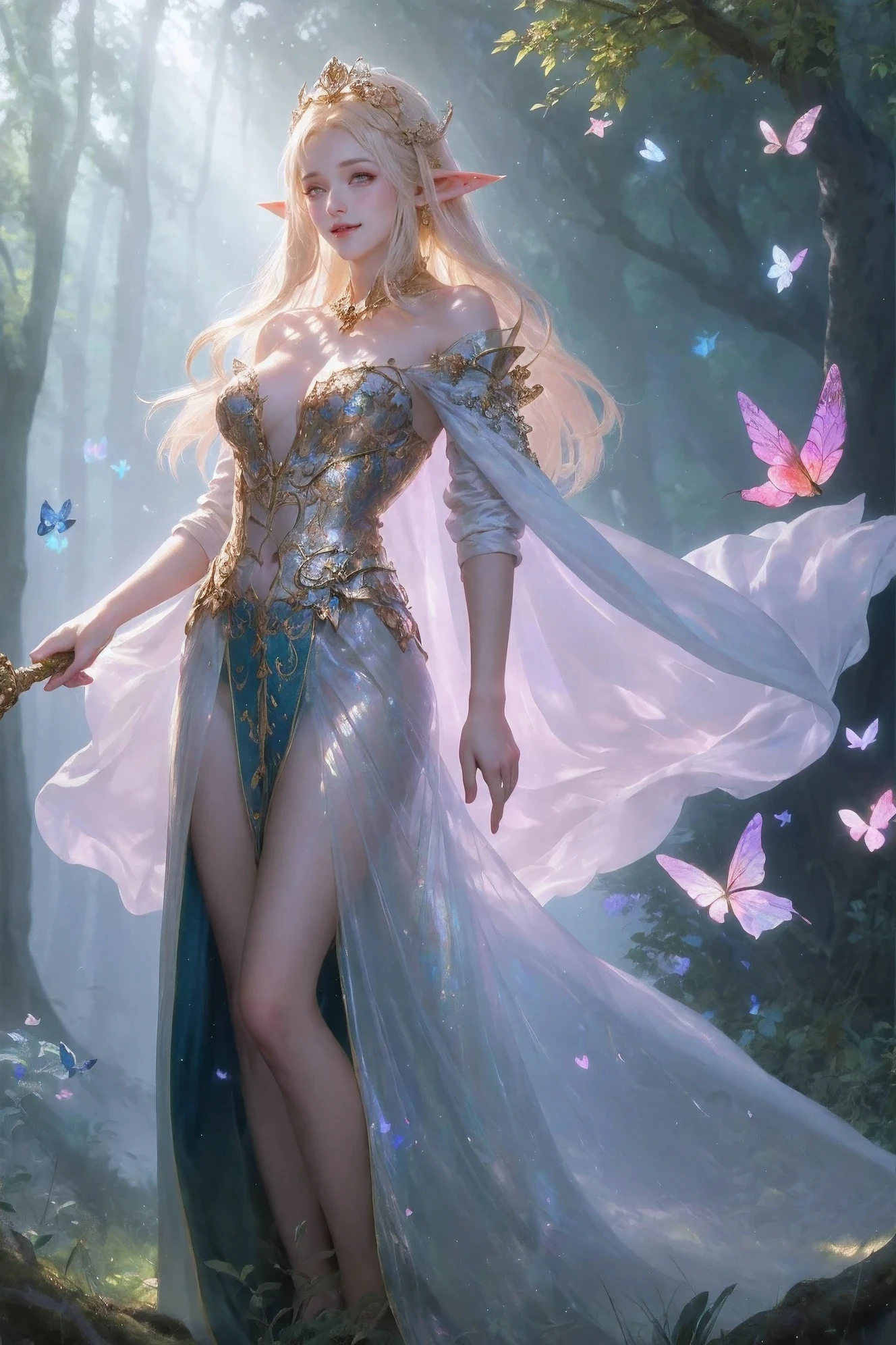 Girl with pointy ears, flowing hair, and a crown, Holding a magical staff, Standing in the middle of the enchanted forest. She wore a flowing robe of elven silk，decorated with intricate floral patterns. The forest is full of towering ancient trees, Shimmering with an ethereal light. sunlight filtering through the canopy, Casting mottled shadows on the mossy ground. Butterflies and birds dance around her, Create a sense of harmony and tranquility. The air is filled with the scent of wildflowers and the gentle whisper of the wind. Girl stares into the distance，Eyes sparkling with wisdom and magic, As if she holds the secrets of the universe. The scene is bathed in warm and vibrant colors, Reminiscent of a painting by a master artist. The atmosphere is serene and mystical, Evoking feelings of awe and wonder. The light is very soft, Soft sunlight pours down through the trees, Create a magical atmosphere. This image depicts the high resolution, Super detailed masterpiece, Capture every intricate detail of a girl, Her surroundings, and enchanting forests.