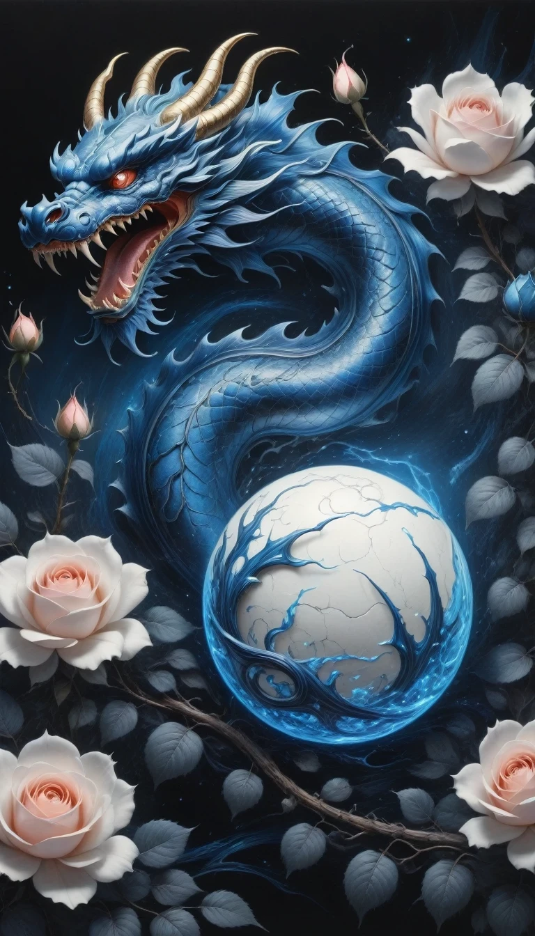 (best quality,4k,high resolution:1.2),Super detailed,actual,black and white,traditional media,pencil drawing:1.2,Chaotic lines,[[[artist moussa]]],on dark background,Blue electric charges forming stylized silhouettes of dragon beads and framed roses,bioluminescence
