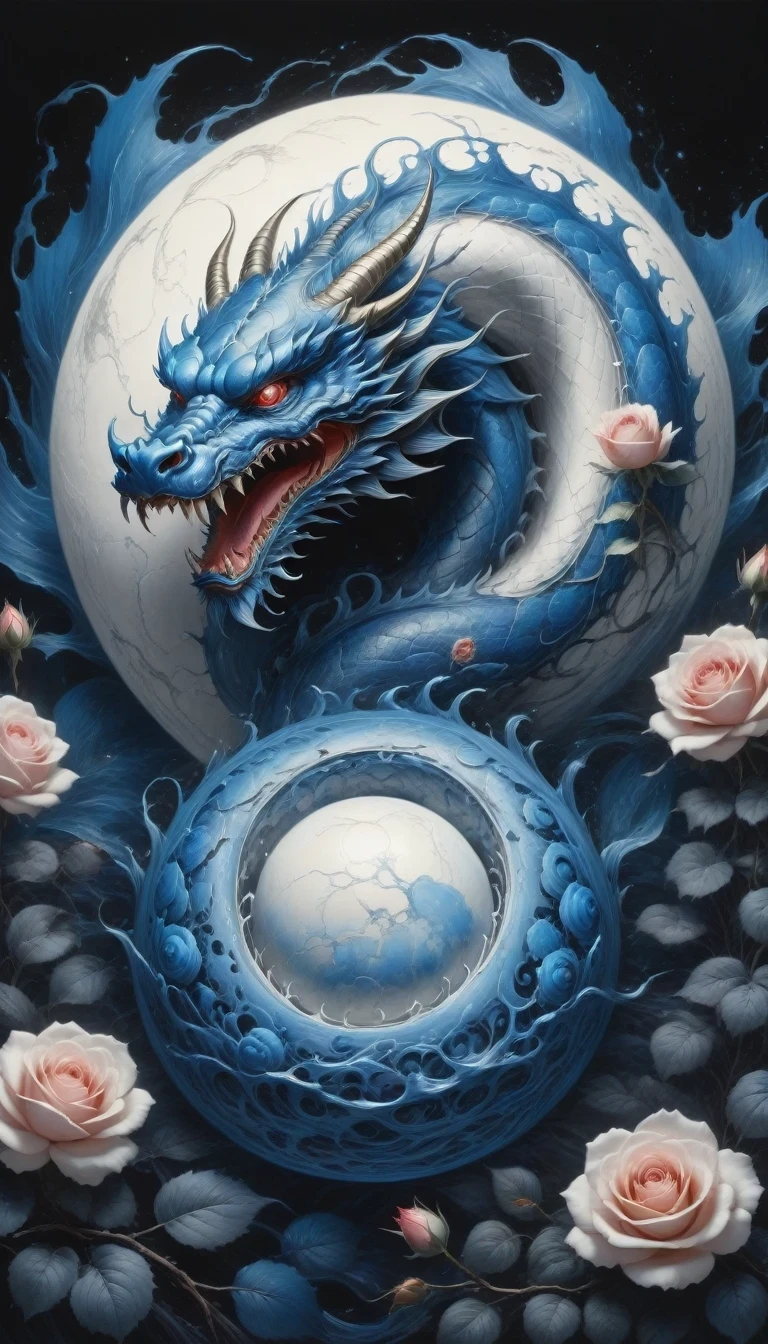 (best quality,4k,high resolution:1.2),Super detailed,actual,black and white,traditional media,pencil drawing:1.2,Chaotic lines,[[[artist moussa]]],on dark background,Blue electric charges forming stylized silhouettes of dragon beads and framed roses,bioluminescence