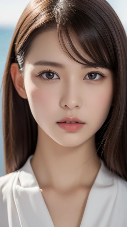 (((masterpiece))), highest quality, very detailed, detailed background, very beautiful girl, Japanese, 12, detailed face, bangs, (whole body:1.3), (random hairstyle :1.2), (young face), (perfect body:1.1), blouse, summer, In 8K, wallpaper, wonderful, finely, Super detailed, ultra high resolution, very detailed, pure erotic face, very detailed目と顔, beautiful and detailed eyes, very detailed肌, no makeup, (natural skin), beautiful small face, realistic face, Beautiful actress&#39;s natural makeup, Slit eyes that suck you in, Plumpy glossy red lips, flushed cheeks, along the coast、look forward、A face that feels with its mouth half open, 足元から見上げた見事なwhole bodyショット, look at the viewer with a fascinated expression、dynamic lighting
