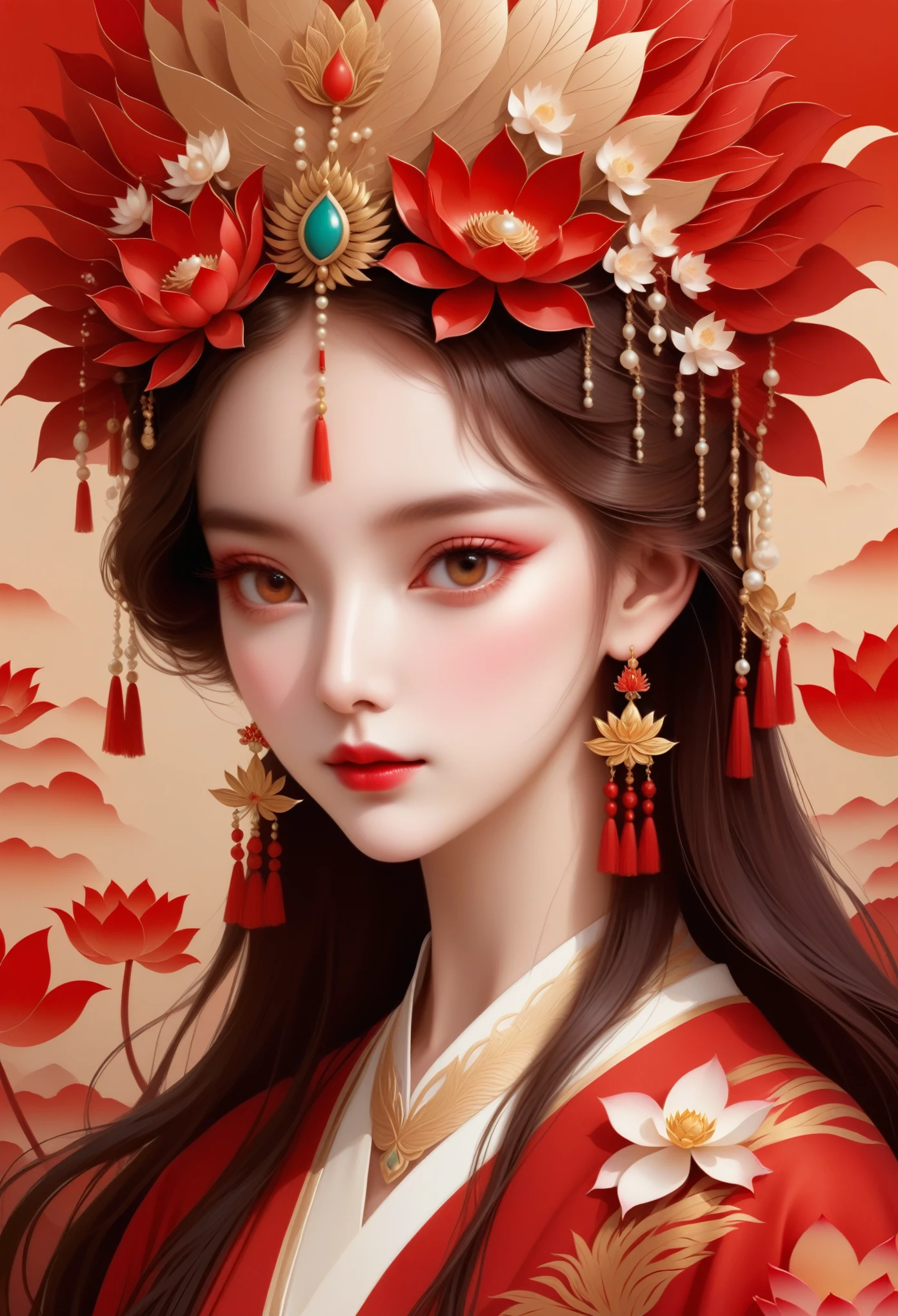 flat，Vector，meticulous painting，simple lines，beautiful girl，portrait，phoenix crown，fringed tiara，Pearl crown，red， Lotus leaf background
