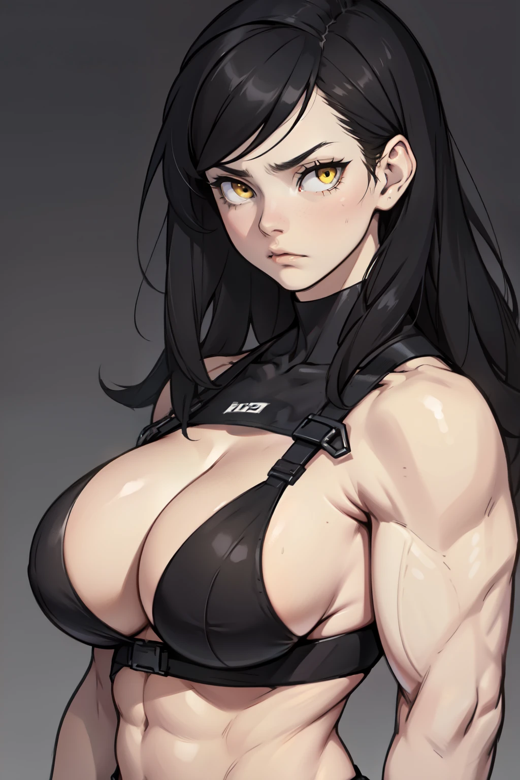 pale girl ((muscular)) girl black hair yellow eyes expressionless sad