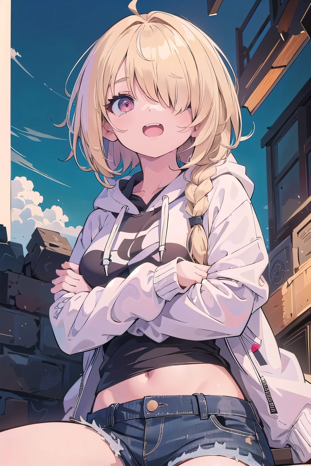 (masterpiece:1.2), (highest quality:1.2), perfect eyes, perfect face, perfect lighting, mountainous horizon, 1 boy,blonde　Upper body, big breasts　red eye, ((((((hair over one eye,)))))), a braid, spike hair, dull bangs, bob hair, Ahoge, cute eyes, Medium chest, , (((from below))), closed mouth, vivid description,orgasm, I was scared, Ahegao, smile+Happy, tooth, anger, From the side, She is wearing pink shorts with jeans textured lace, wears hoodie in yellow modern style fashion, Are standing, crossed arms