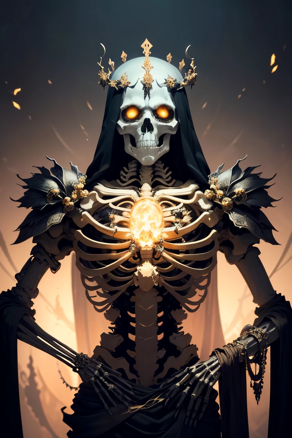 Masterpiece of a Skeleton King with best quality intricate details, his eyes burning with an ethereal glow. Flies annoyingedly swarm around him, their buzzing disrupting the otherwise peaceful atmosphere. (Alternatively, Masterpiece of the Skeleton King: every bone meticulously depicted, his fiery gaze exuding power, yet he's plagued by pesky flies.)