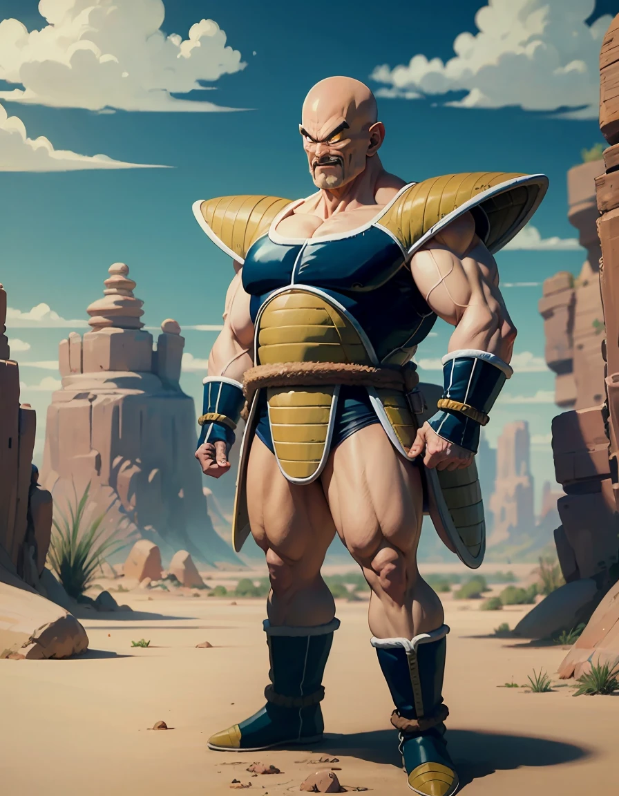 dragon ball anime illustration、Nappa、Nappaの太ももが強調されたイラスト、Cover picture、akira toriyama style、background is desert、ultra detailed, ultra high res, 8k, best quality, masterpiece,, napa, 1boy, bald, black eyes, mustache dark blue saiyan armor, dark blue vambraces, dark blue boots, faulds, black briefs, tail around waist