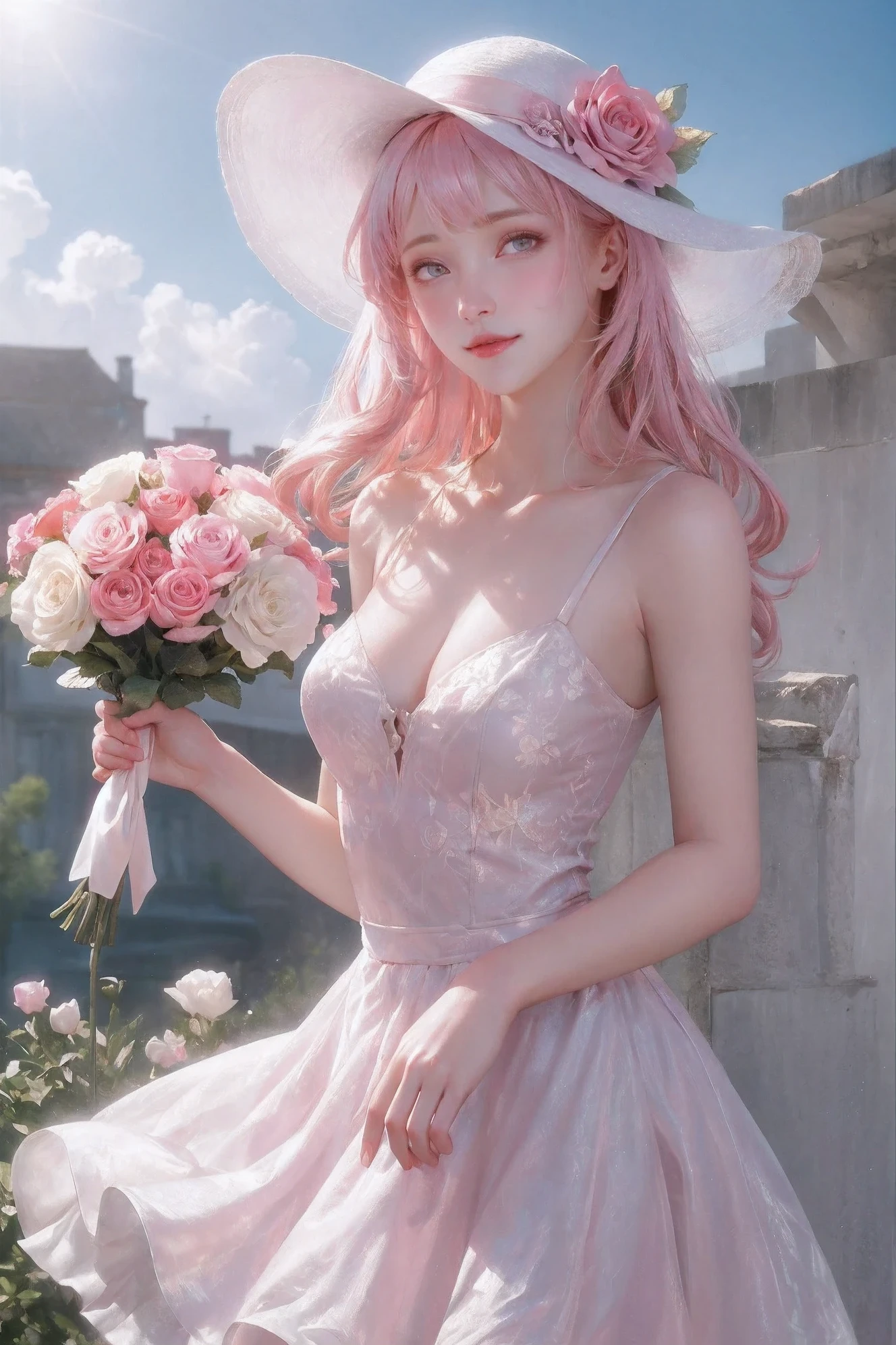 ((masterpiece, best quality)), 1 girl, flower, alone, skirt, Keep, Sky, cloud, have, Outdoor activities, Bangs, flower束, Rose, Poker face, blush, pink hair, flower field, red flower, pink eyes, white skirt, looking at the audience, medium hair, Keep flower, small breasts, red Rose, Keep flower束, sun have, white tiara, depth of field