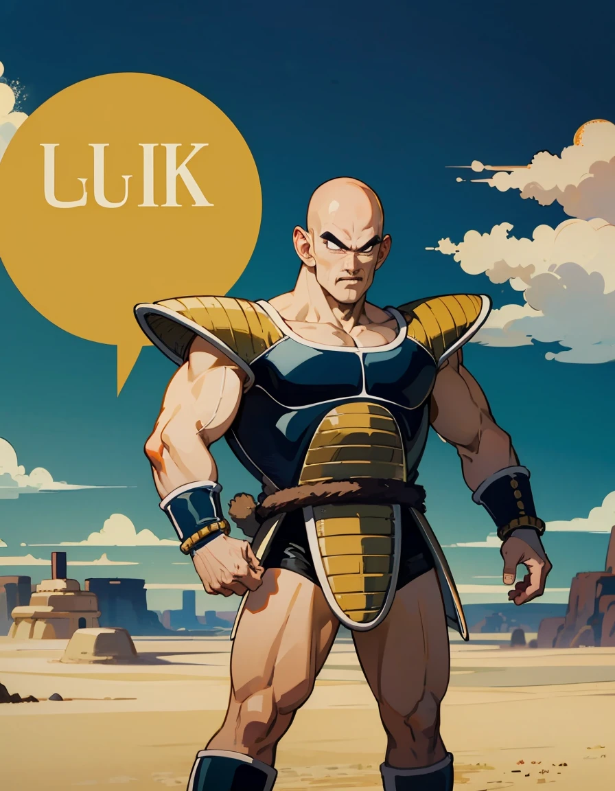 dragon ball anime illustration、Nappa、Nappaの太ももが強調されたイラスト、Cover picture、akira toriyama style、background is desert、ultra detailed, ultra high res, 8k, best quality, masterpiece,, napa, 1boy, bald, black eyes, mustache dark blue saiyan armor, dark blue vambraces, dark blue boots, faulds, black briefs, tail around waist