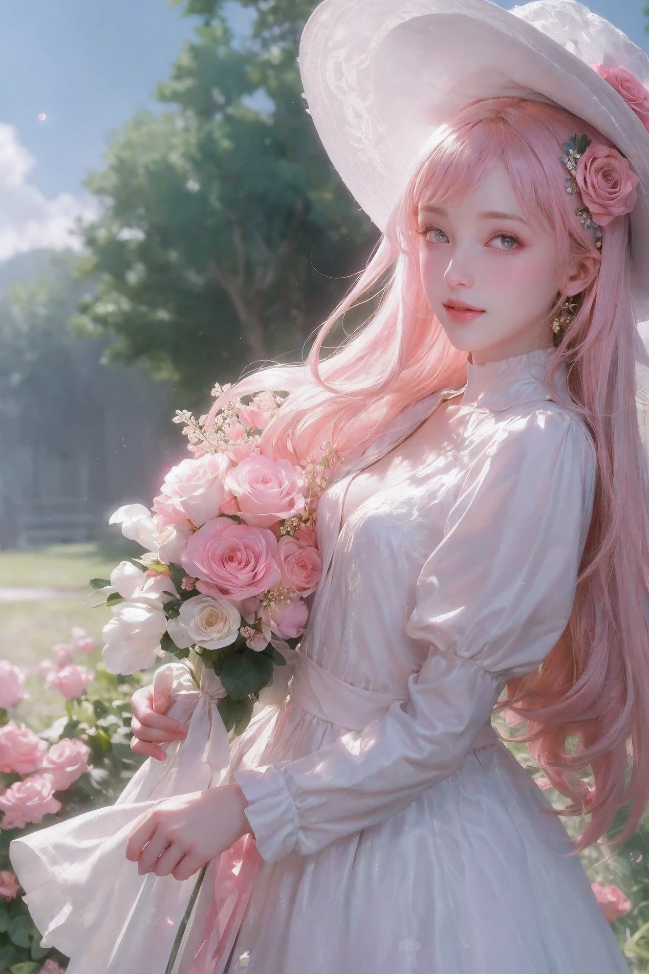 ((masterpiece, best quality)), 1 girl, flower, alone, skirt, Keep, Sky, cloud, have, Outdoor activities, Bangs, flower束, Rose, Poker face, blush, pink hair, flower field, red flower, pink eyes, white skirt, looking at the audience, medium hair, Keep flower, small breasts, red Rose, Keep flower束, sun have, white tiara, depth of field