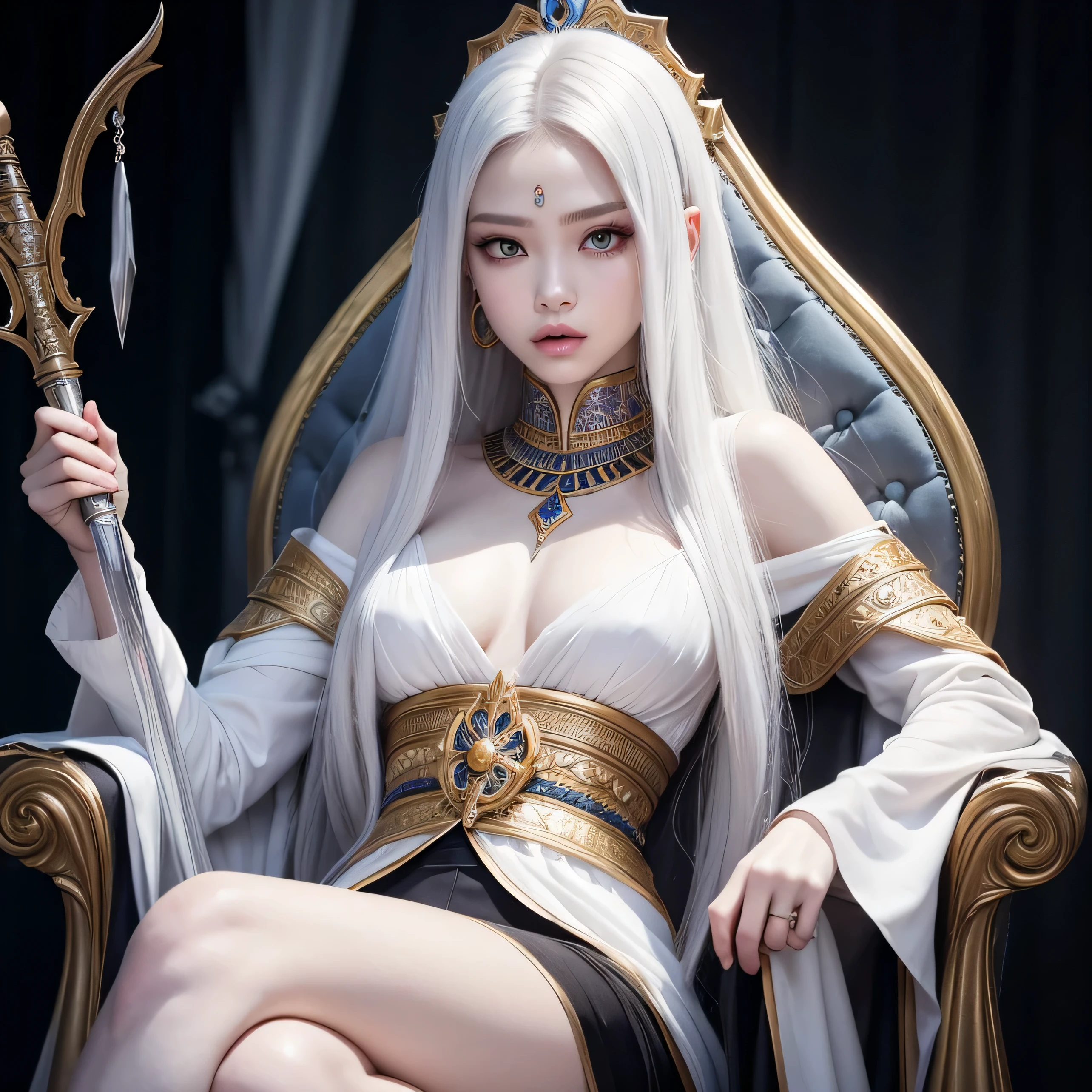 Mujer sentada en su trono, fantasy art, Juego de rol retrato, de cerca, Carrera: Genre of the Undead Humana: ojos femeninos: color de piel blanca: Very pale gray skin with dark shadows.: normal complexion. Rasgos faciales: expression: mirada perdida. peinado: Pelo largo y blanco Equipo: ropa egipcia, Fondo, jennie blackpink, sexy en su trono