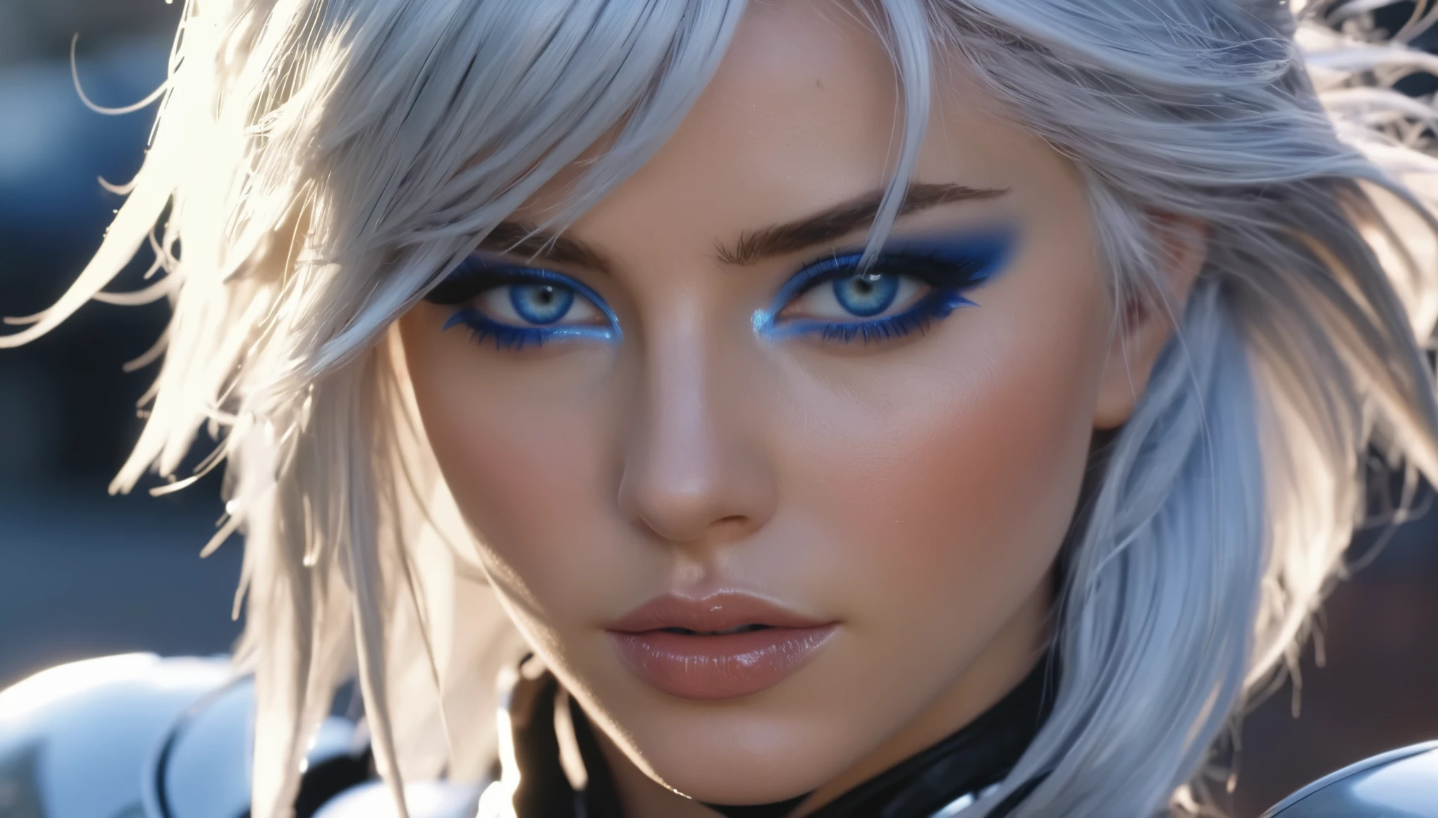 fotografia crua, ultra-detalhado fotorrealista, hiper-realista, anatomic, elegante, Estilo HR Giger, Estilo Joe Benitez, 8k, melhor qualidade, obra prima, extremamente delicado e lindo, extremamente detalhado, (realista, fotorrealista:1.37), incrivelmente absurdos, His posture is confident and determined, reflecting the courage and determination that make her such a captivating character. analogue style, Modelo estilo de tiro, RAW retrato de uma fitness 1girl, model madlen grunwald, white hair, ((beautiful face: 1.7, rosto perfeito:1.3)), (de cima:1.2), melhor qualidade, epics (por Lee Jeffries foto, Sony A7, 50 millimeters, Casais:1.5, cores, hiperdetalhado:1.5, filmic grain:1.4, hiper-realista: 1.5), textura realista hiper-realista, master part, Motor Unreal 5, extremamente detalhado CG unidade 8k papel de parede, olhos realistas, olhos azuis, Foto loucamente detalhada, (Photography for Stefan Gesell)