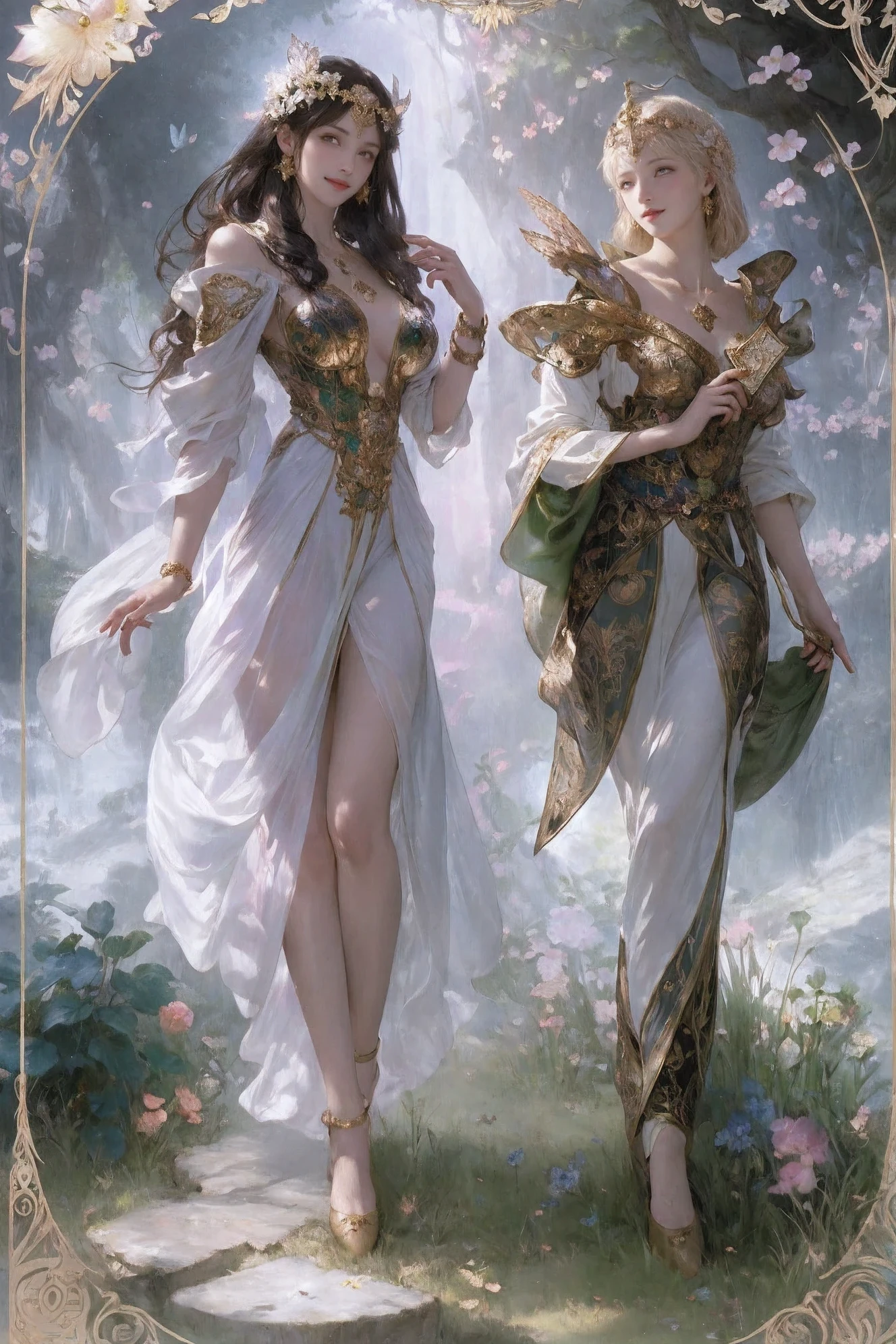 masterpiece, best quality, Alphonse Mucha, Art Nouveau, (tarot card style:1.3), Unique tarot card frame blends floral and green elements, blunt bangs, black long straight hair, looking at the audience, Surround yourself with green gardens, A mysterious girl in a blooming robe dances with ethereal creatures, bathe in the sun,Illuminated lush vegetation and ancient tarot symbols, Rose, lily, Cherry blossoms, iris, leaf, moss, Wato vine, Elegant dress inspired by nature, accessories,包括花朵和leaf设计的项链, earring, ring, bracelet, hair accessories, Butterfly, birds, bee, Tarot card symbols reimagined with floral and greenery designs, goddesses, natural background,like a garden, forest, lakeside, Effective use of light and shadow, actual, hyper actual lifelike 3d, tangled,