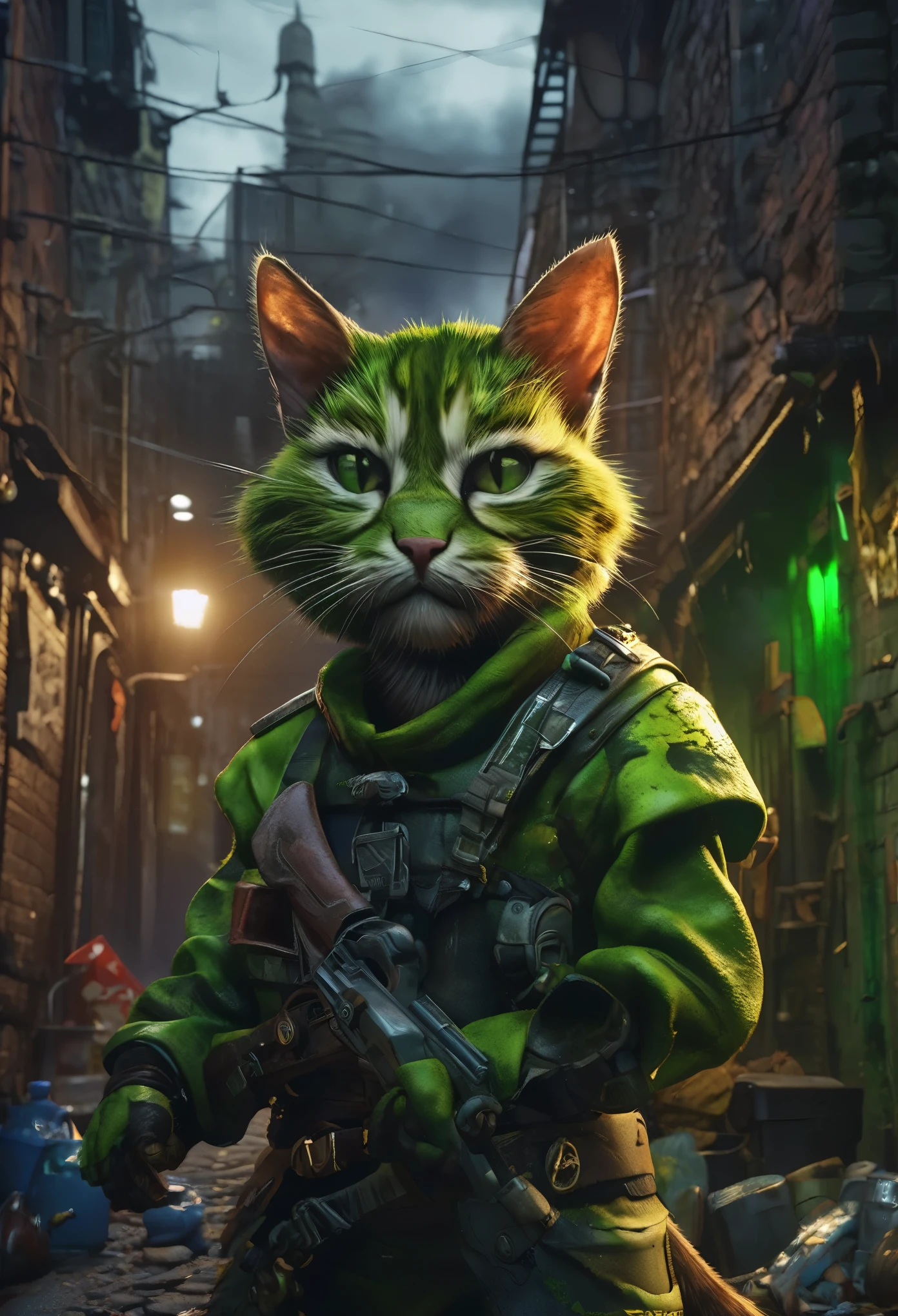 A tough alley cat is hunting mouse sized goblins(,Green skin, garbage armor, scrap metal weapons, not brave, very big heads),seedy, dimly lit alleyways,(best quality,4k,8k,highres,masterpiece:1.2),ultra-detailed,realistic:1.37,portraits,vivid colors,green color tone,moody lighting