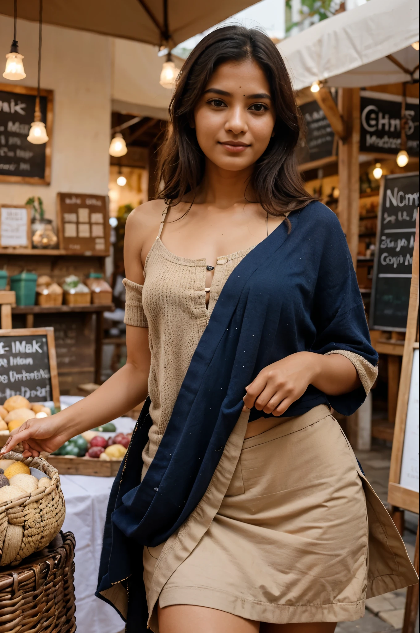 Capture her in a cozy artisanal market or craft fair, showcasing handmade goods and local craftsmanship. She wears artisan-inspired fashion, supporting small businesses and celebrating artisanal traditions. in banglore location