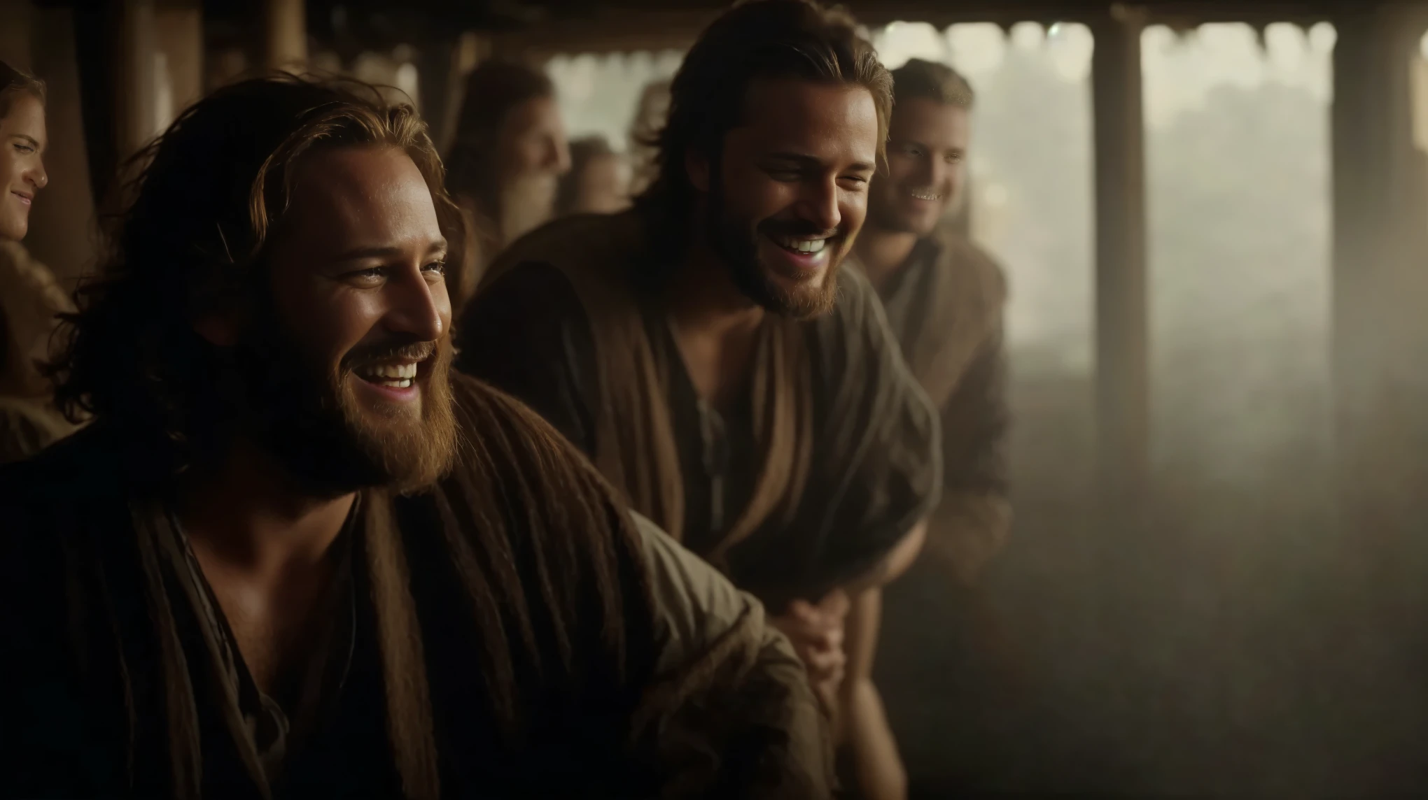 a man with long hair and beard smiles while standing in a room, ambos rindo, um ainda feliz, rindo e brincando, tiro de jogo dos tronos, captura de tela do filme, Sorrindo calorosamente, sorrindo levemente, imagem fixa de jogo dos tronos, Matthew Perry rindo, laughing menacingly, cena do filme live-action, Nicodemos, cena de abertura