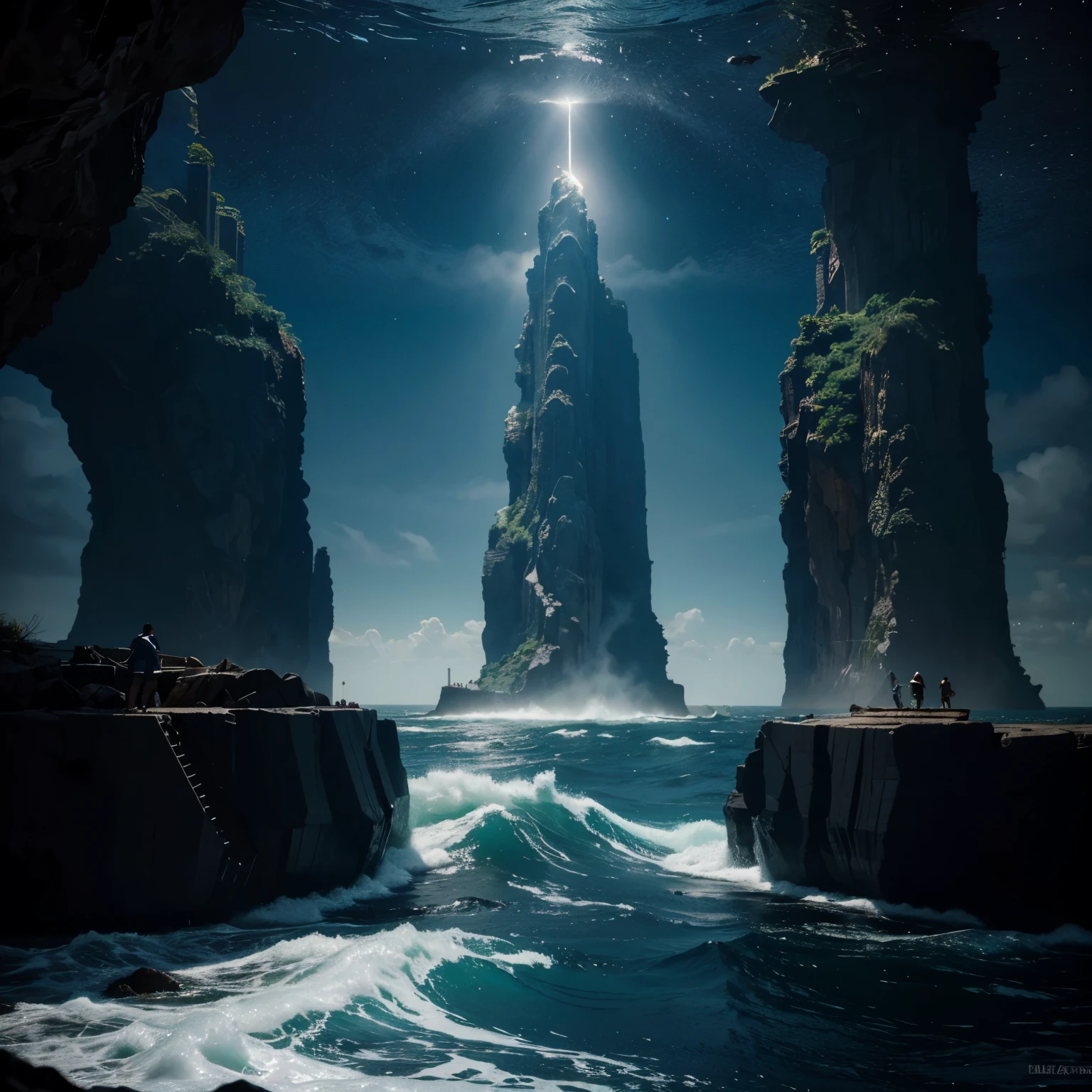 ((Sob o mar)), muitos peixes ao redor do oceano, oceano cyberpunk, A cidade sob o oceano, ((obra de arte)), magical ocean, cena, jogo, misterioso, Escondido, Fantastic, atlantis, mysterious luminescence, lovecraftiano, dungeons and dragons, a4