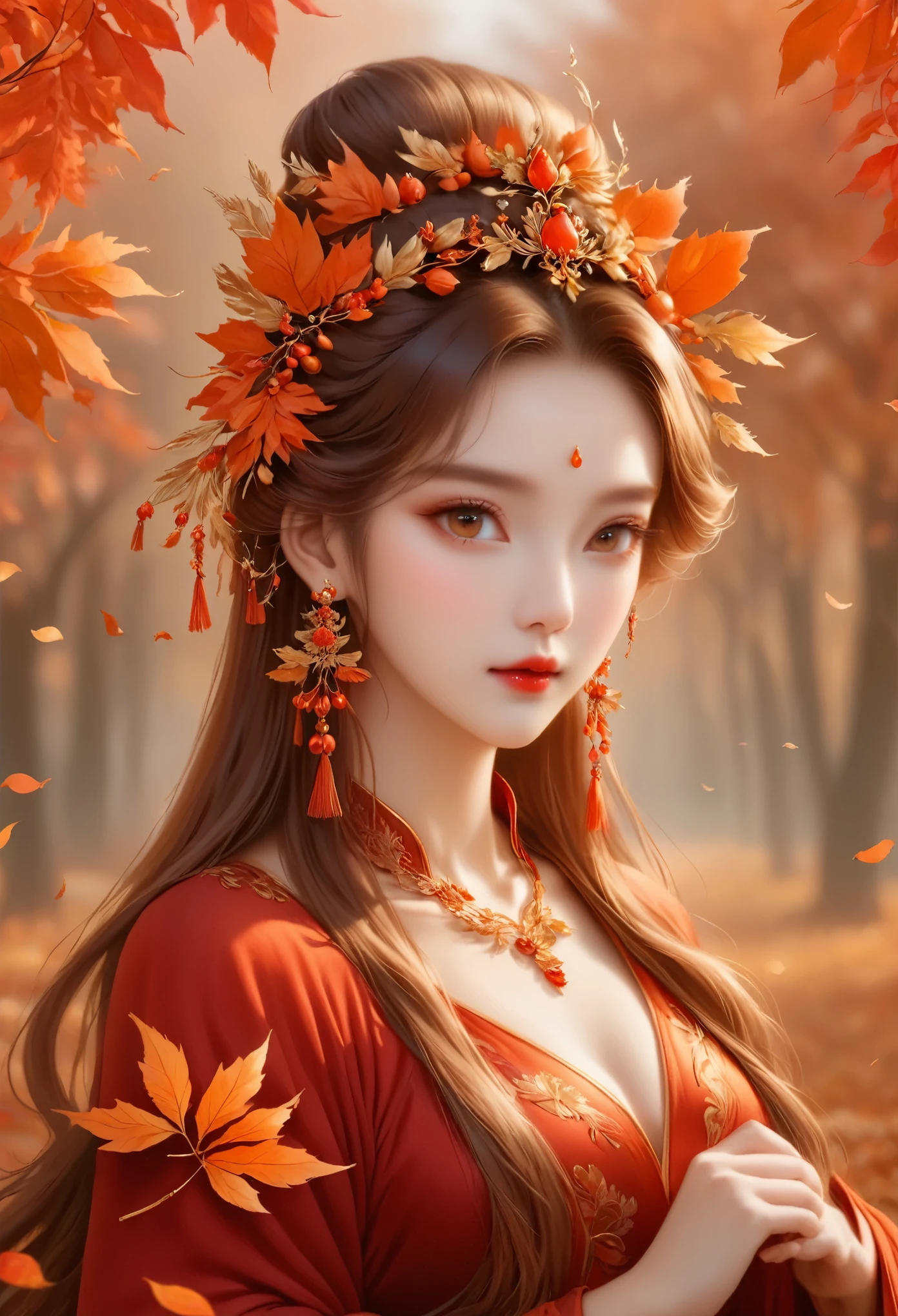 A pair of earrings with two leaves hanging on the ears, amber jewelry, orange and brown leaves for hair, amber jewelry, gold leaf, Wearing gorgeous earrings, jewelry photography, orange metal ears, feather earrings, earring designs, autumn, golden leaves, 金色的autumn, The touch of gold foil, autumn的, golden autumn season, Orange details，wearing red dress、中国古董女士necklace、necklace, autumn的 empress, Cute Anqiu Princess, autumn的女神, 美丽的autumn, beautiful fantasy girl, Beautiful fantasy portrait, Beautiful fantasy art portrait, the autumn的女神 harvest, beautiful fantasy queen, 头发变成autumn的落叶, renaissance autumn的