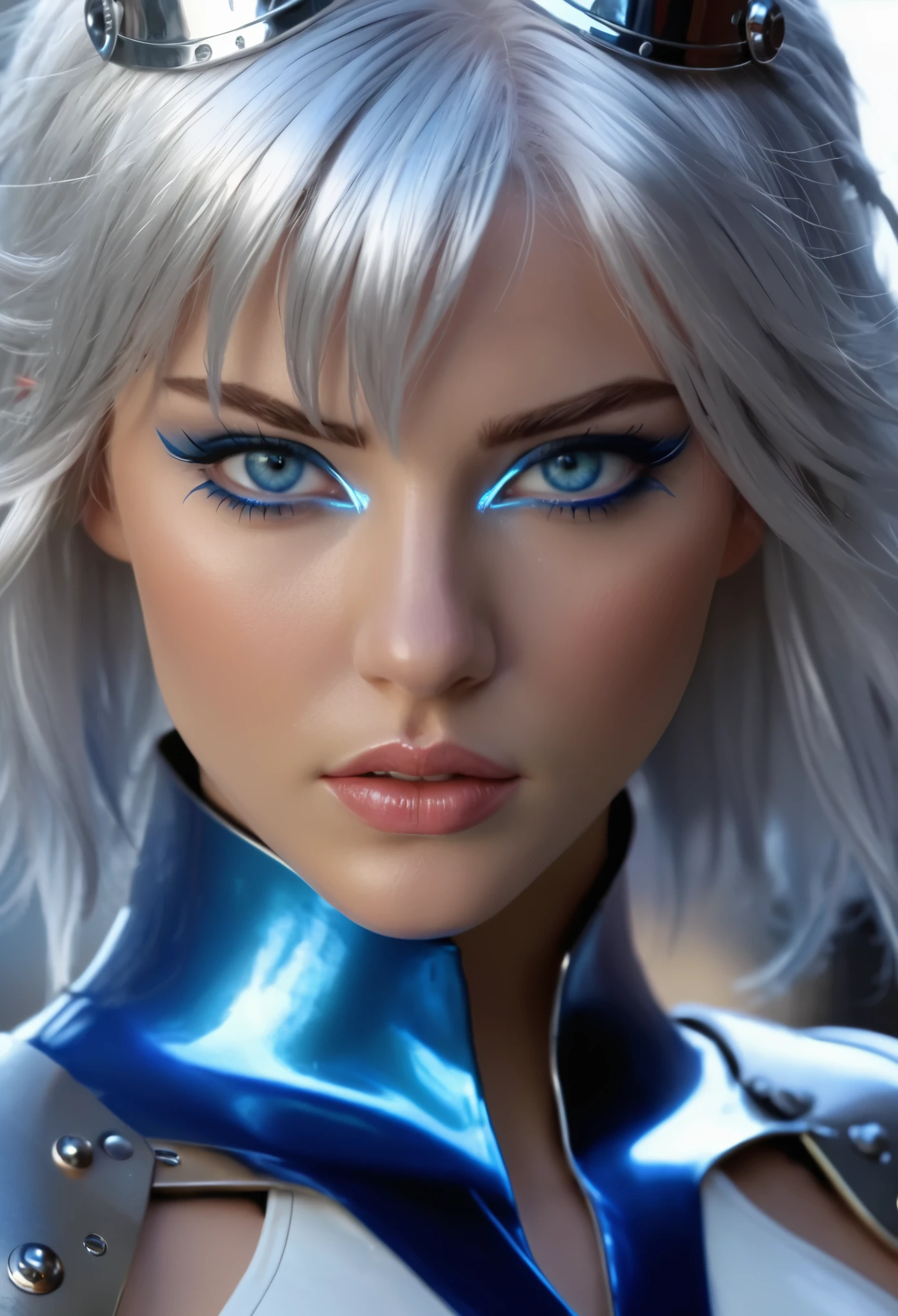 dynamic series of drawings showing a silver haired and blue eyed warrior girl., 8k, ultra high res, ultra detailed, hd,(well designed face), amazing face, (super detailed), beautiful eyes, soft lighting,, outdoors, streets,, URUSHISATO,1980s,, beautiful detailed eyes,mechanical parts, asymmetrical hair,thigh highs, latex suit,cleavage,