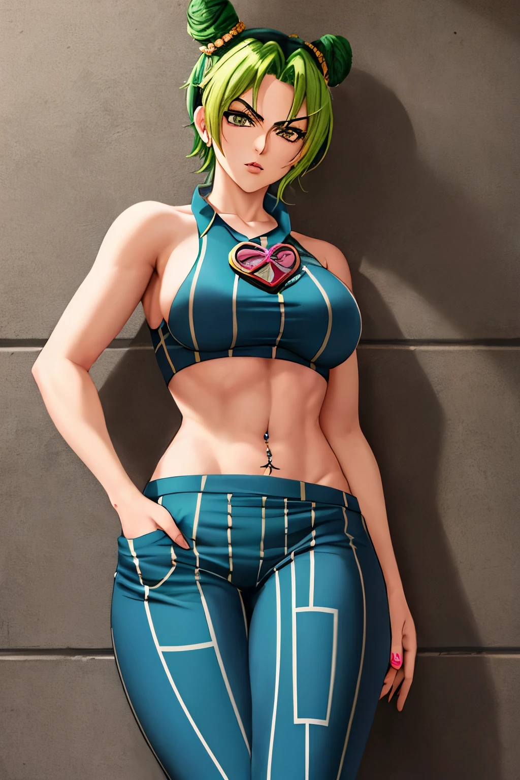 Jolyne Kujo,fully embodied in the Jojo anime style,sports a confident expression with her short curly hair and piercing green eyes. Her prison uniform, adorned with red stripes, clings to her slender figure as she leans against a wall, her arms crossed defiantly. The background is blurred, adding to the focus on her determined demeanor. Her hands, intricately detailed, are tucked into the pockets of her trousers, a subtle yet striking feature of this meticulously crafted anime artwork. The scene takes place indoors, with a hint of shadows suggesting a sense of mystery and intrigue.