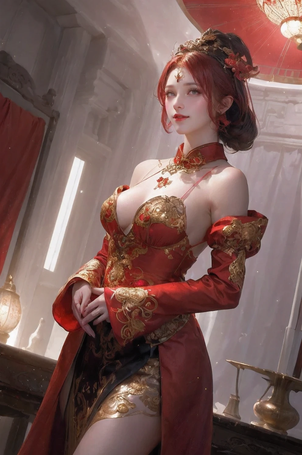 (Hyper-realistic 8K CG:1.2),perfect work of art,Exquisite pattern,intricate details, (An unparalleled masterpiece,best quality:1.2),(extremely complex:1.2),a woman in a Black and gold dress, dark night, moonlight, majestic,Crystal blue, Phoenix crown,hair stick,cosmetic,blush,Shy,Black_hair, look down, cosmetic,(Forehead point),(2 Red candles), witch, mystery,universe, curtain, earrings, hair_decoration, Hanfu, indoors, jewelry, Red nails, long_sleeve, Red dress, Red lips, tassel, (red quilt),(Red palace:1.2),(ancient chinese architecture),(Red:1.8),night