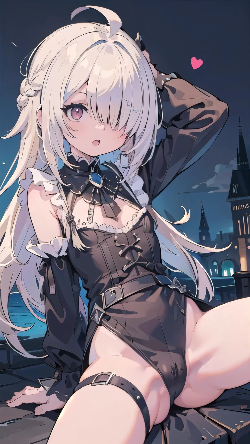 masterpiece, medieval townscape horizon Upper body girl , gothic maid, nsfw, spread legs hands behind head clear blonde two tone hair, ((((((hair over one eye)))))), Braid Styles, spiked hair, blunt bangs, bob hair, a braid, Ahoge red eyes looking at the viewer adventurer ((from front)), open mouth, scared, standing, spread legs, spoken heart