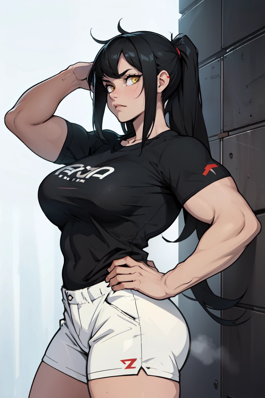 ((muscular)) girl huge breasts black hair yellow eyes despair pale girl tight shirt