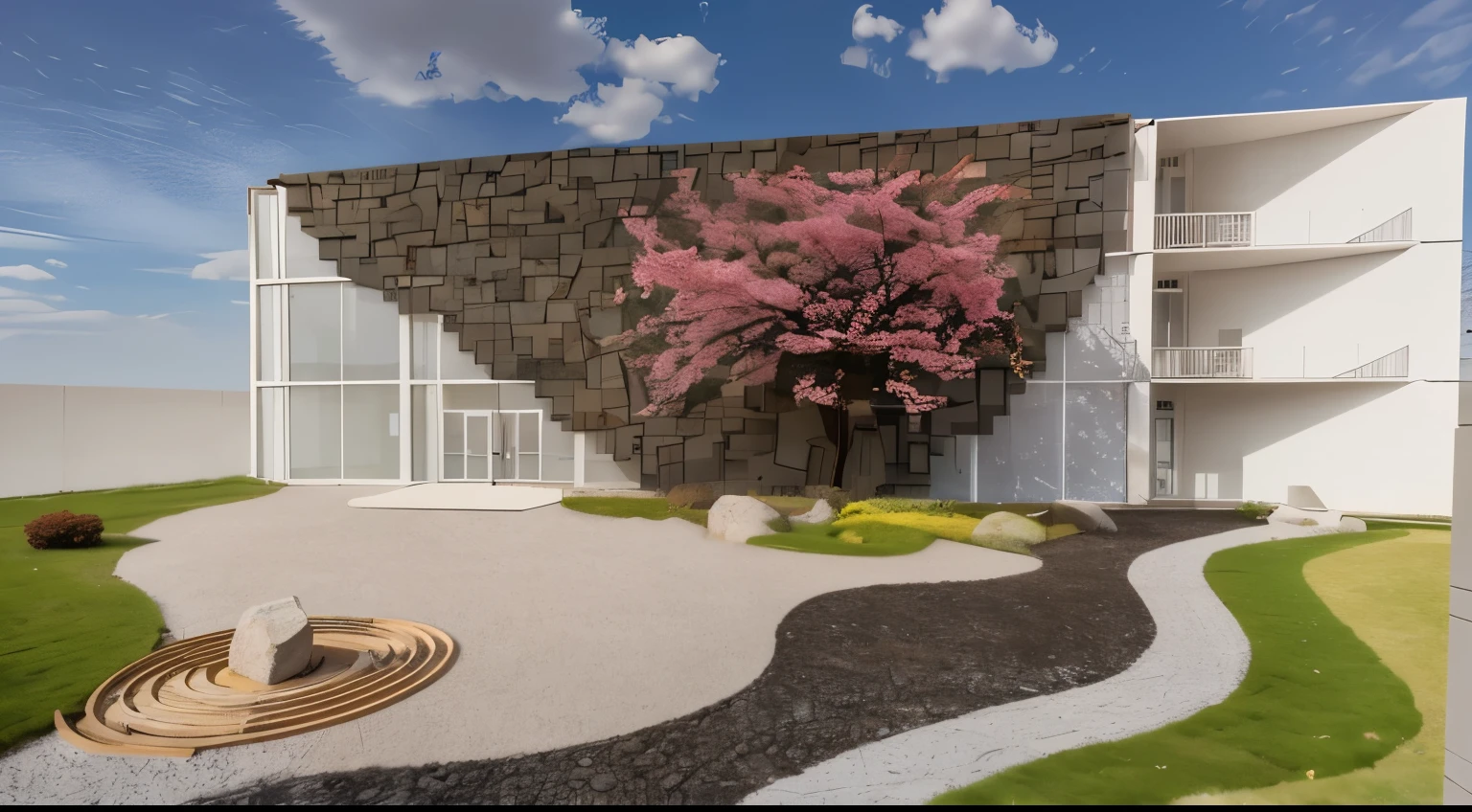 You can see a path made of stones,Leading to a building with cherry blossoms in front,the building’s facade consists of stone and glass facades,Rich interior colors,Orange warm light shines through,With a quaint atmosphere,Behind the building are blue skies and a park full of nature.,Many trees and flowers were planted,
