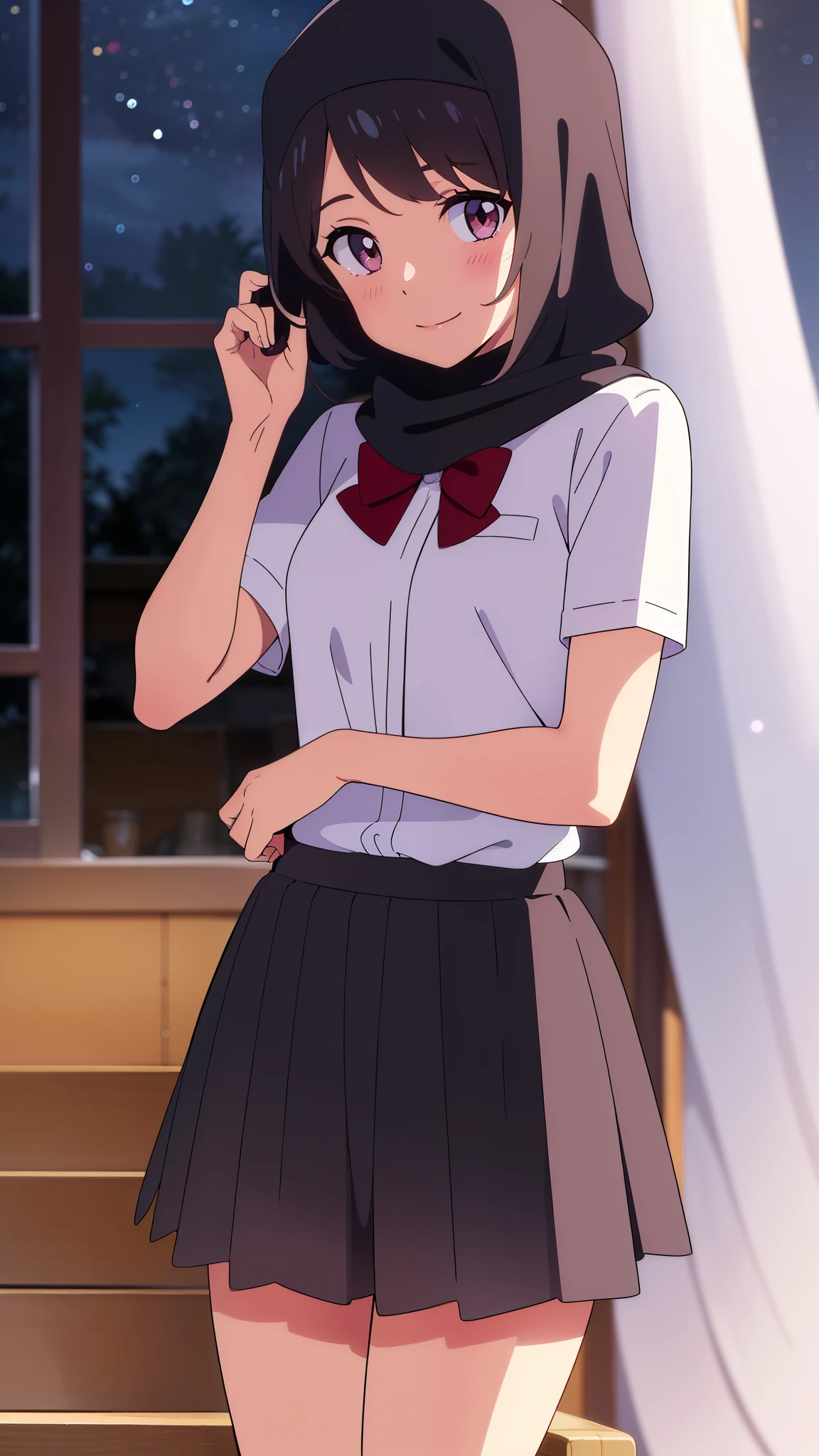 shinkai makoto, kimi no na wa., 1girl, bangs, black hair, short hair, ((wearing islamic hijab)), blush, bright eyes, brown eyes, red bow, smile,cute, beautiful, shiny skin, looking at the viewer, solo, shirt, white shirt, skirt, black skirt, short sleeves, sky, night, beautiful